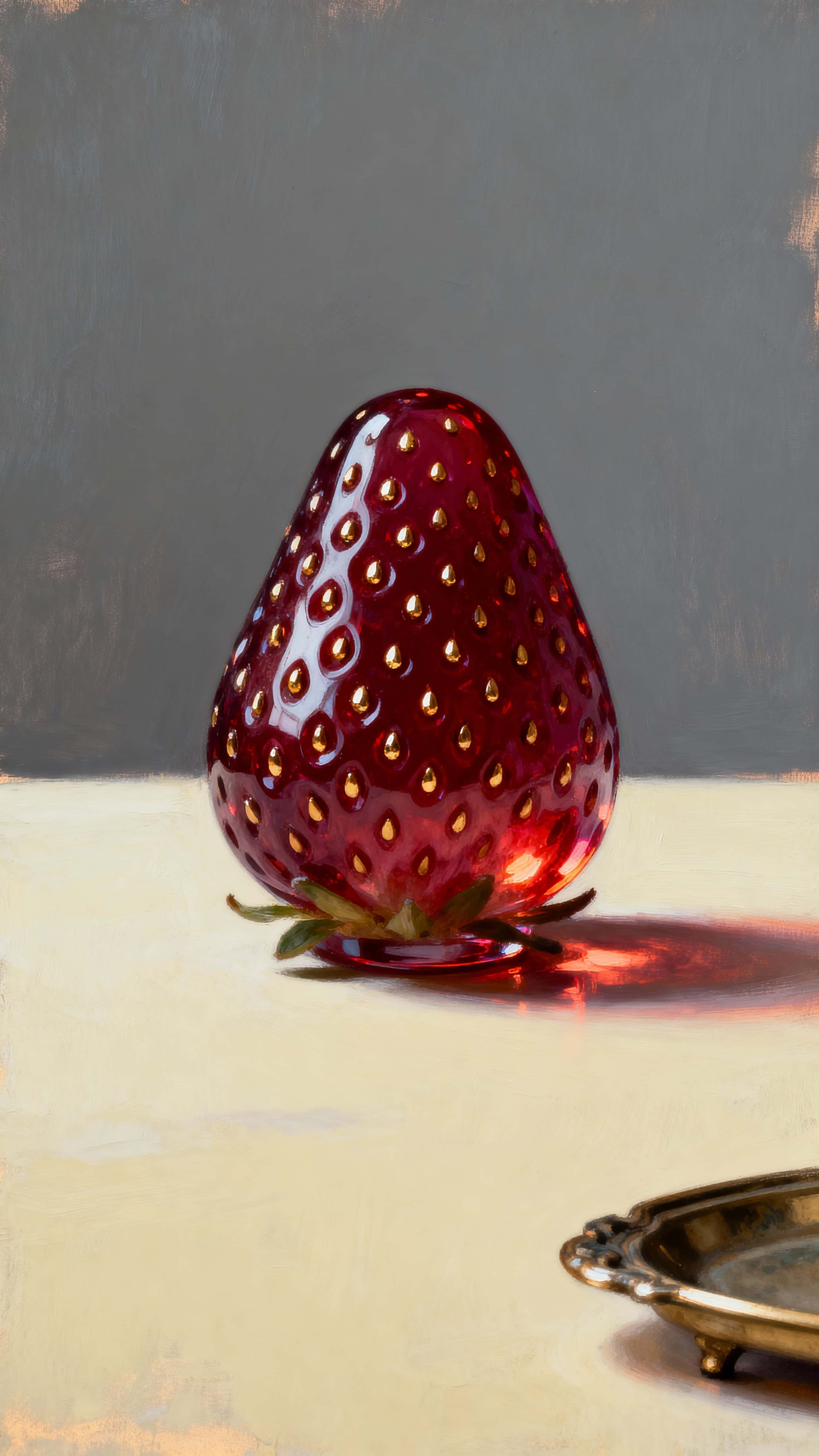 A single strawberry sculpted from ruby-tinted glass sits upright in a vertical 9:16 frame, each seed a tiny embedded metallic gold dot, with soft cream highlights and a slate backdrop.