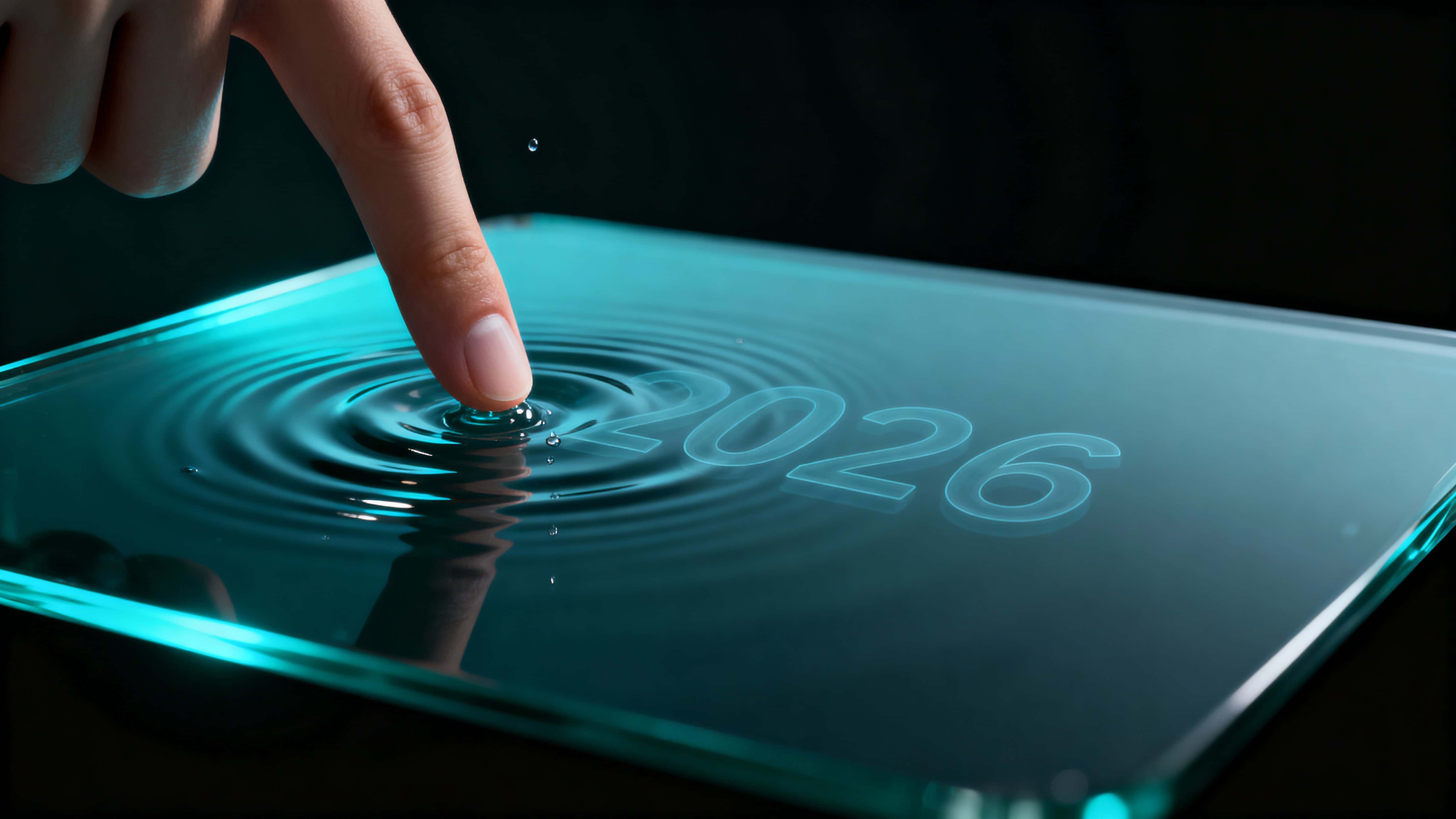 A hyperreal 16:9 digital render of a perfectly still glass plane in a dark void; one fingertip touch sends ripples that briefly form the outline of '2026' then fade.