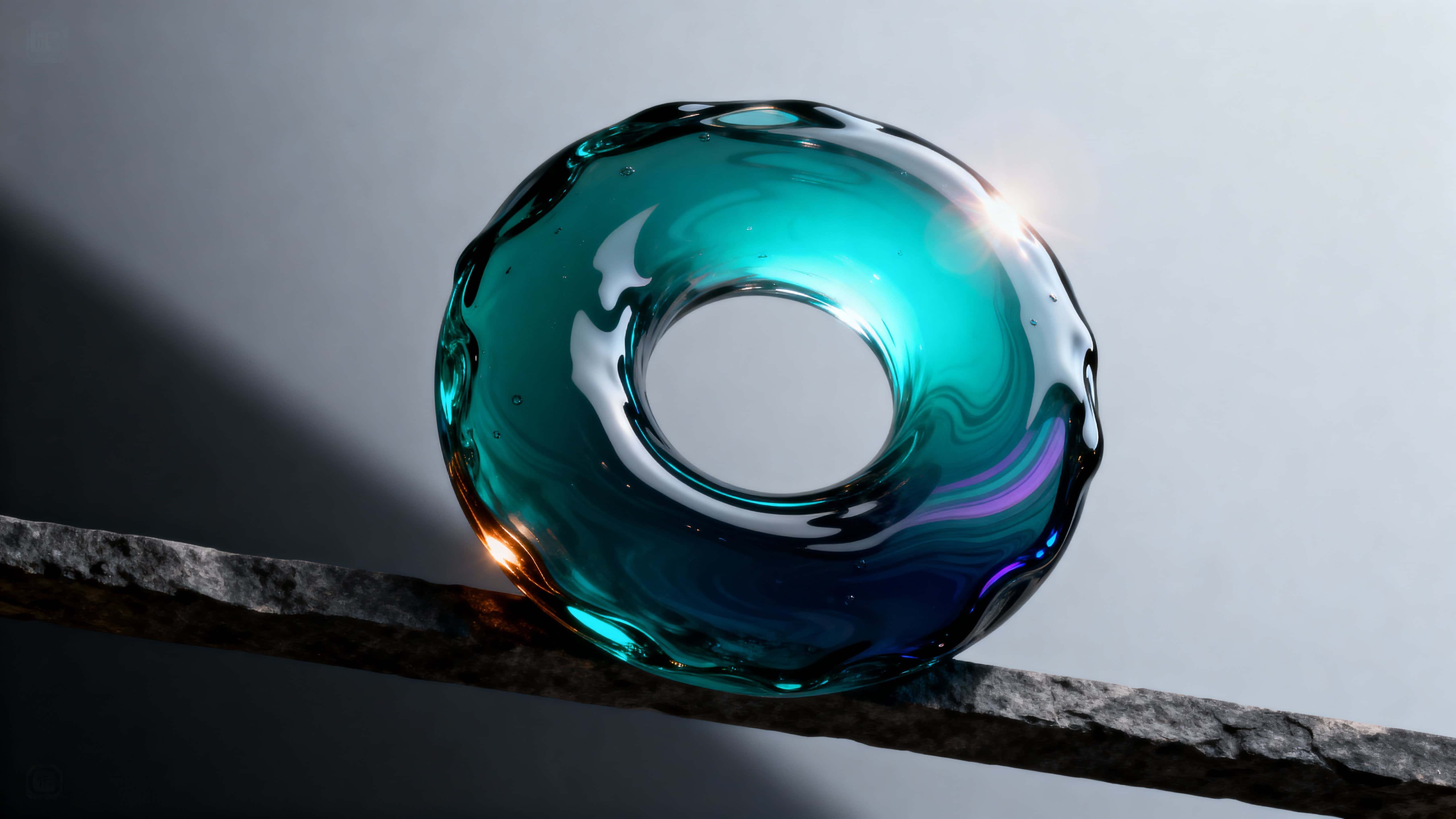 A heavy, viscous glass torus floats centered in a 16:9 frame above a charcoal stone bar, with cyan-to-teal refractions, a lilac shadow whisper and a restrained amber highlight, set against a quiet diagonal gradient.