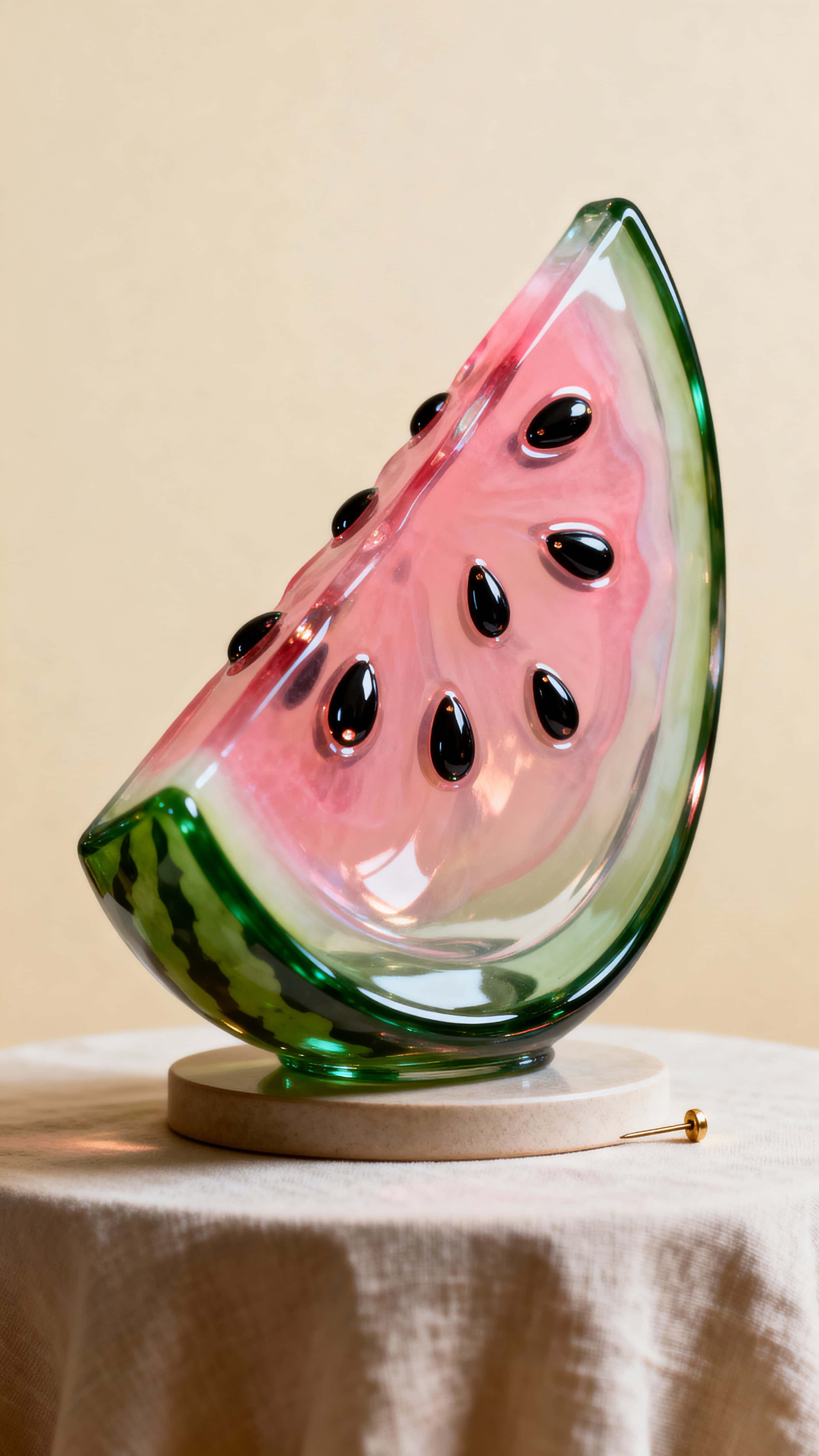 A vertical still life of a glass watermelon slice with a deep green outer glass rind, pink translucent interior, and shiny black glass seeds, framed in 9:16 portrait crop for a tall, intimate view.