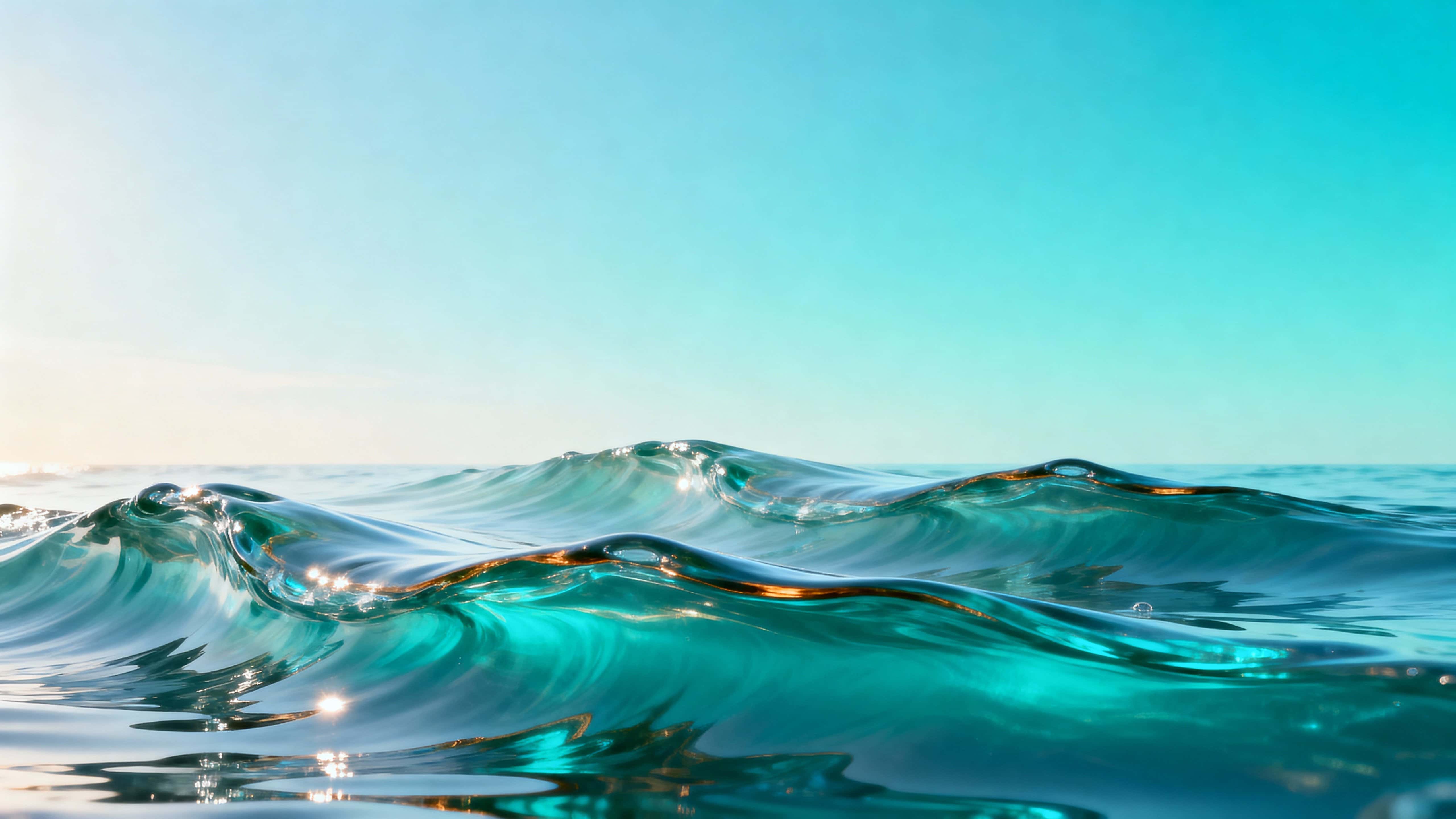 Wide 16:9 study of three thick glass waves rising left-to-right over a cool blue-to-teal gradient with soft daylight reflections and an airy top-right area for copy.