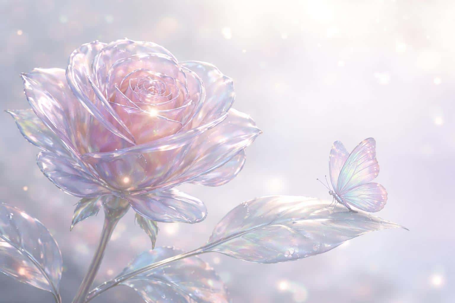 A photoreal 3D-render of a translucent rose and a delicate iridescent butterfly, precisely composed for a 3:2 wallpaper with soft pearlescent lighting and subtle reflections.