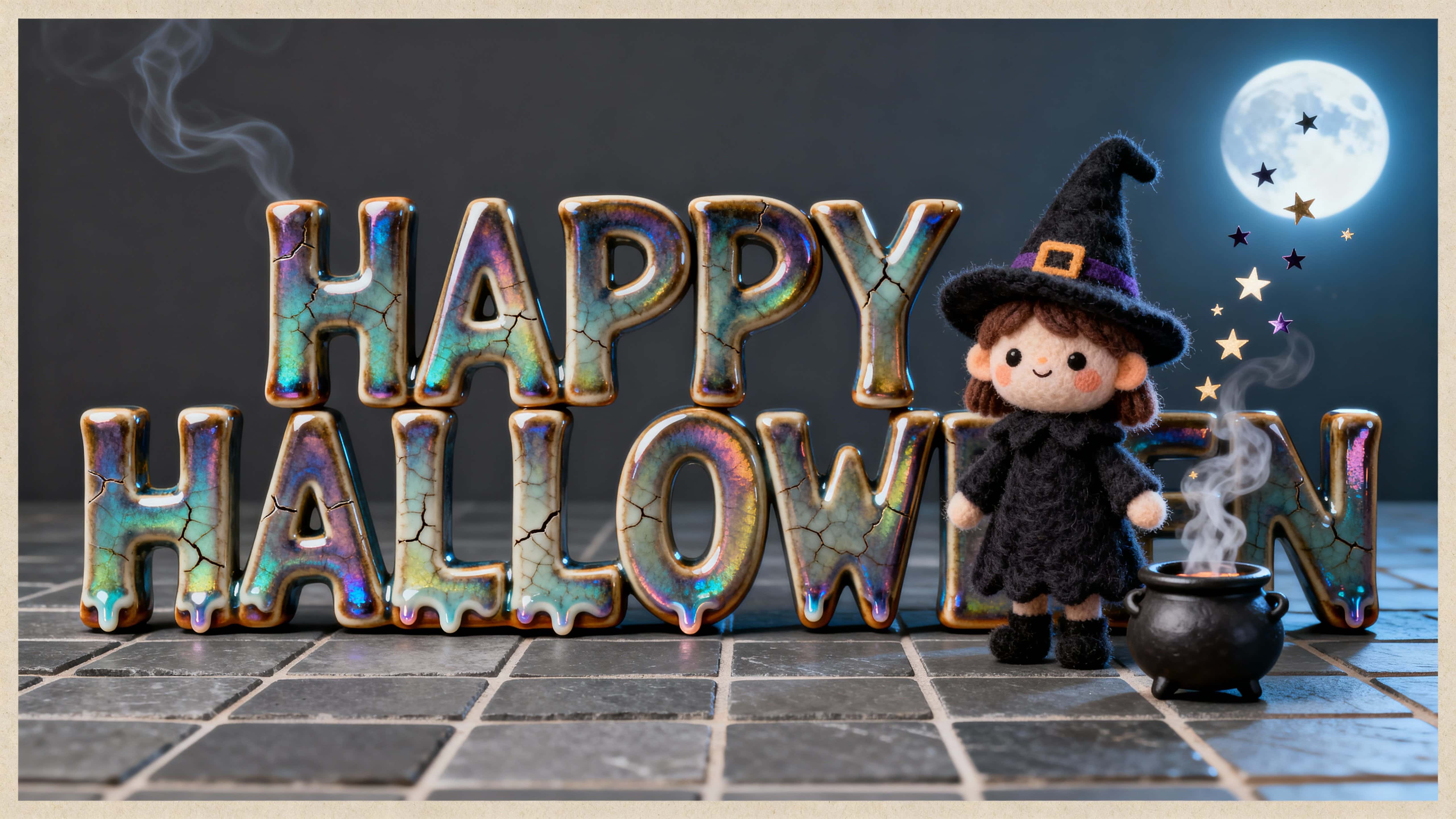 Full-frame 16:9 scene of glossy glazed “HAPPY HALLOWEEN” ceramic letters with oil-teal and purple iridescence, a felt-chenille witch beside a steaming cauldron on a slate-gray tile base with pale-blue moon rim and warm gold star confetti, 1