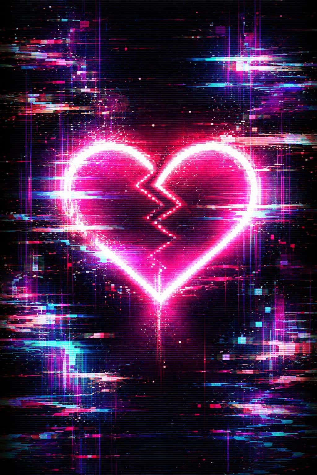 A vertical 2:3 retro-VHS glitch scene with a glowing heart breaking and reforming amid neon pink pixel-bleed, jagged scanlines, and electric-blue CRT glow.