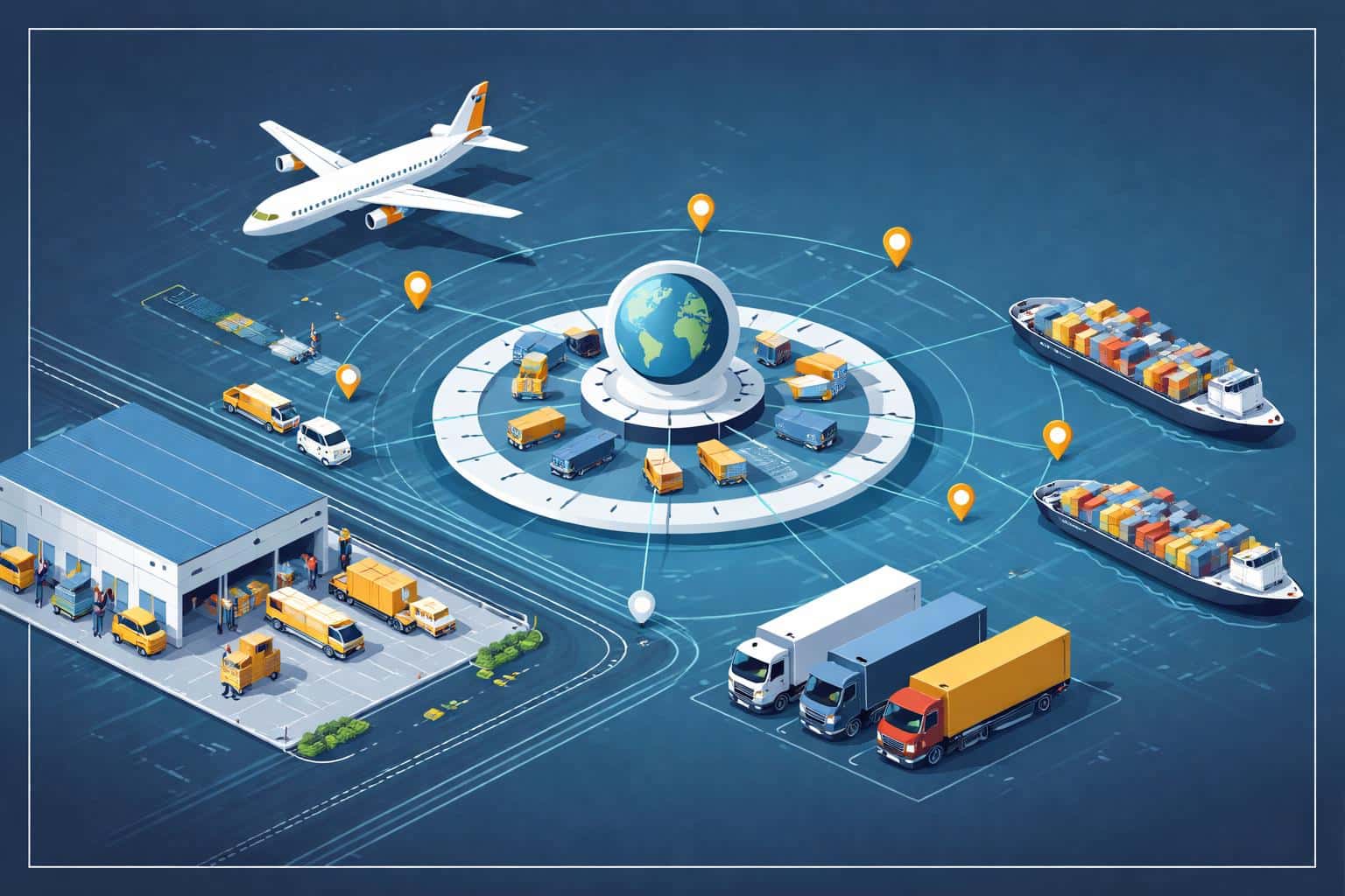 Isometric vector illustration of global logistics and supply chain, composed for a 3:2 poster-cover layout with clear hubs, vehicles, and routes for editorial use.