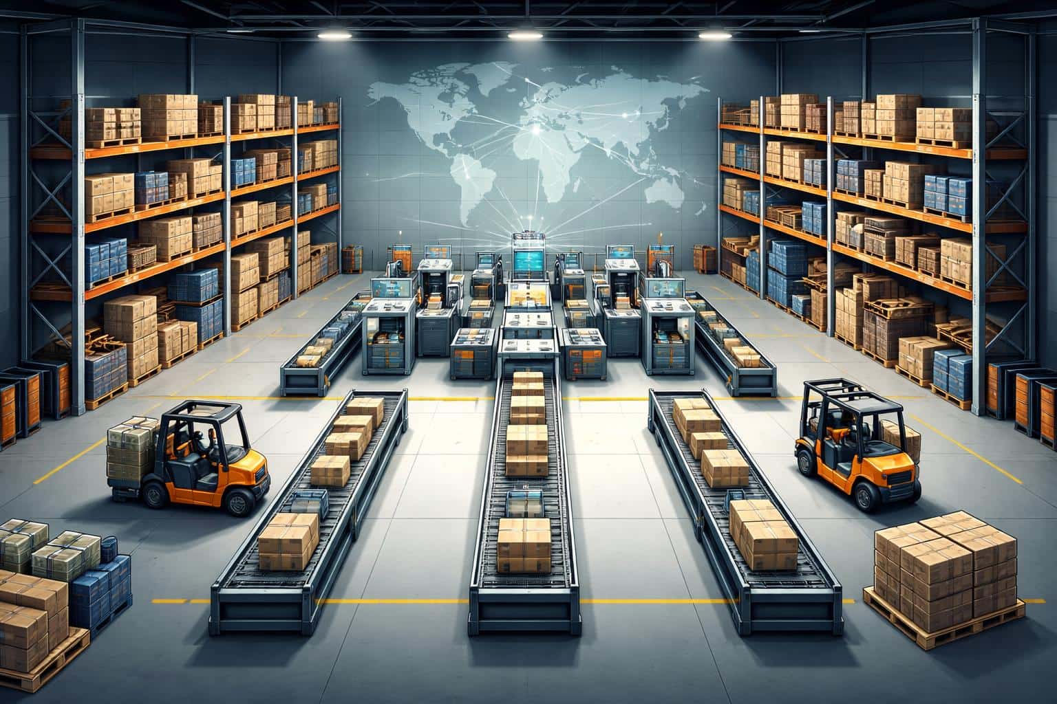Isometric vector illustration of a global supply chain inside a single warehouse interior, composed for a 3:2 poster-cover layout with clear data overlays and navigation nodes.
