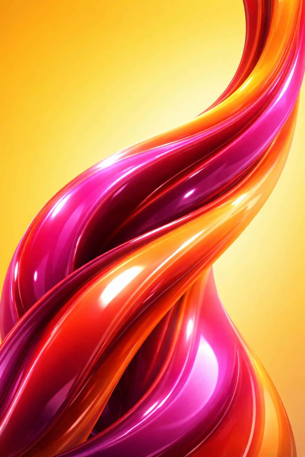 Close-up vertical view of a large glossy abstract form and a curving ribbon filling most of the frame with a solid warm yellow upper-third background, saturated magenta and orange surfaces, shallow depth, and crisp specular highlights.