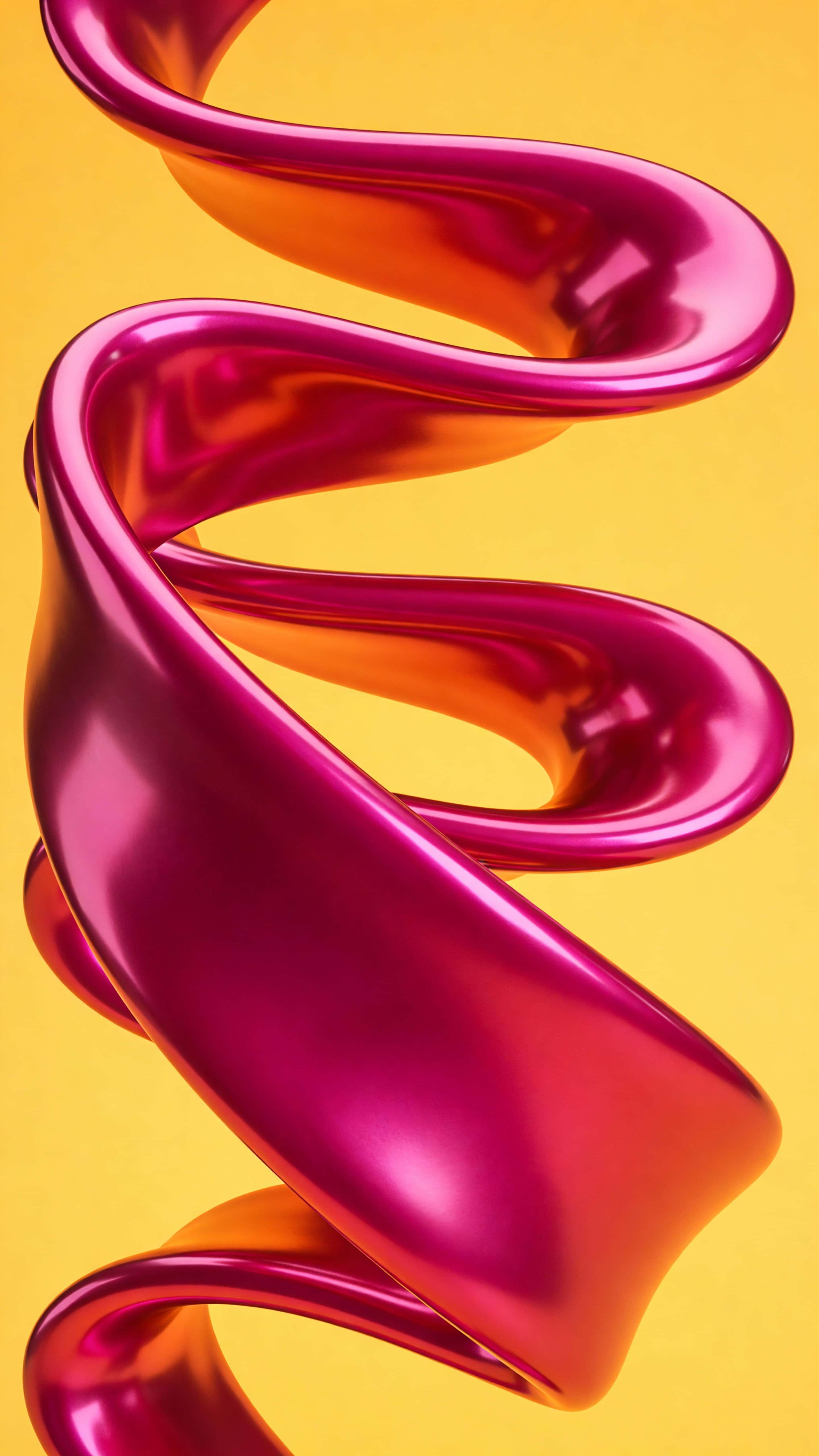 A close-up vertical 9:16 view of a large glossy abstract form and curving ribbon centered-left, rendered in saturated hot magenta, warm orange and vivid yellow with shallow depth.