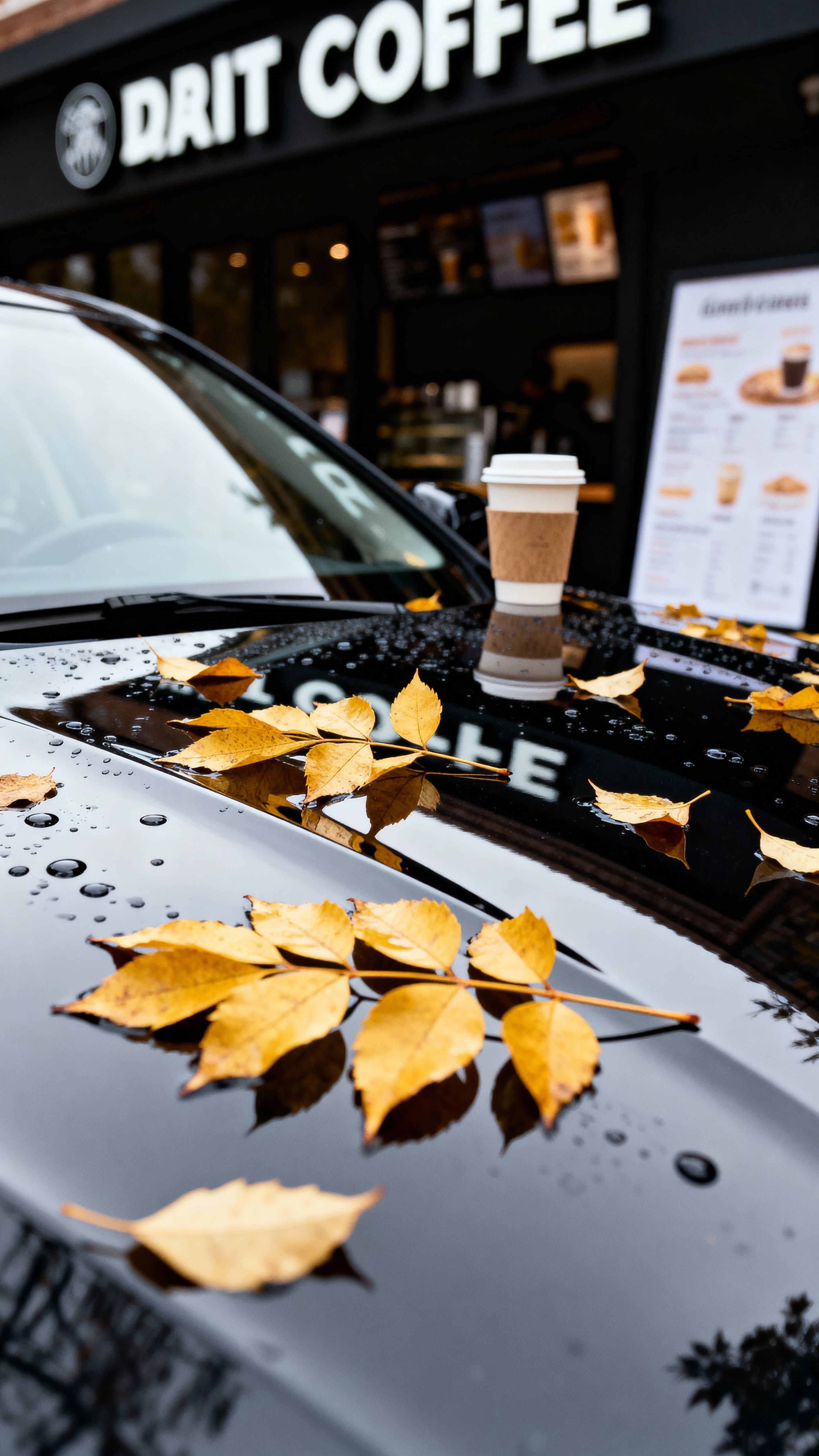 A glossy car hood scattered with golden leaves outside a café, shallow depth focuses on the nearest leaf cluster while reflections become smooth gradients under a warm grade that preserves neutral grays.