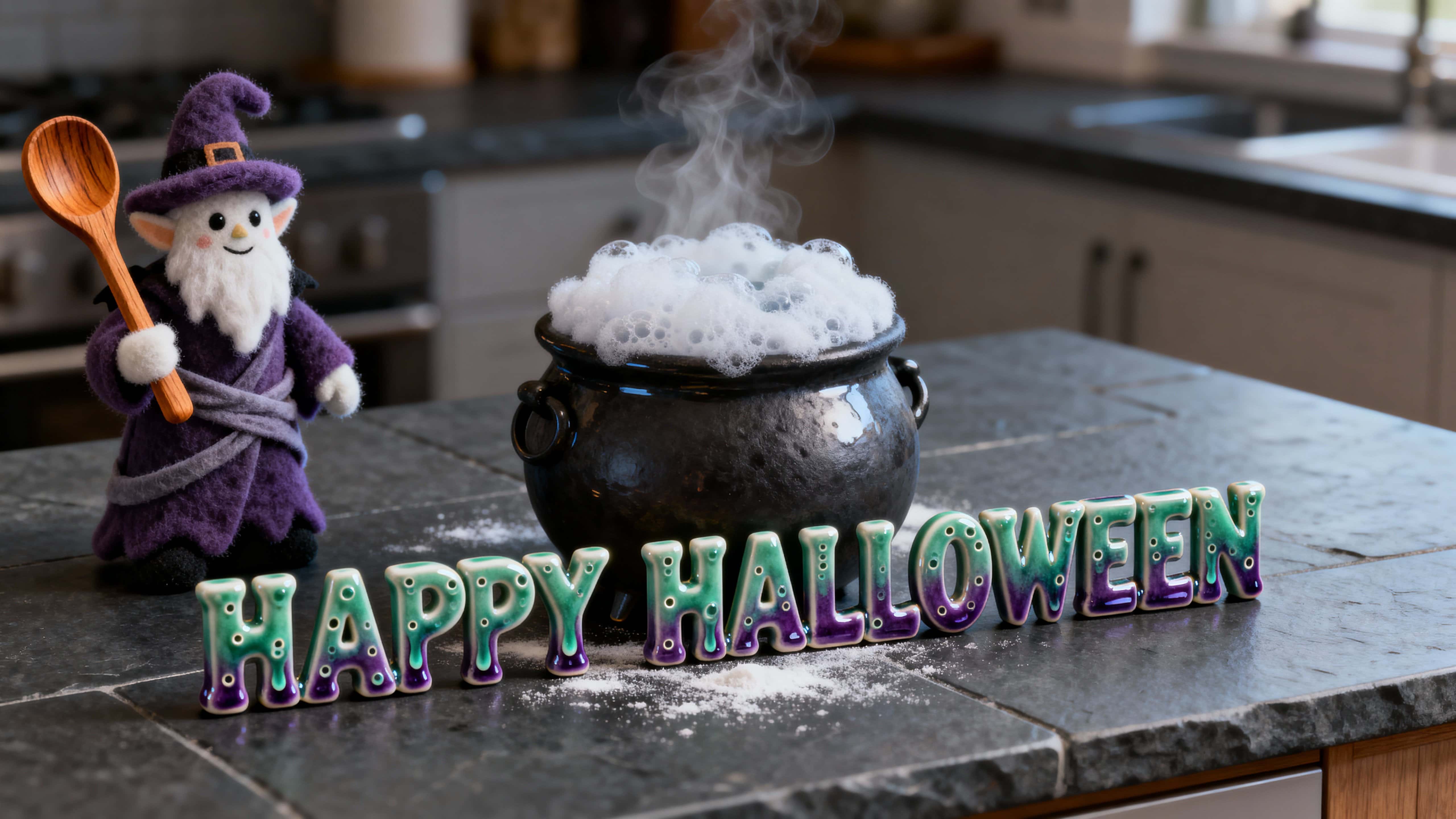 Glossy ceramic letters spell "HAPPY HALLOWEEN" on a slate counter beside a plush-foam cauldron sprite with a wooden ladle, steam rising gently.