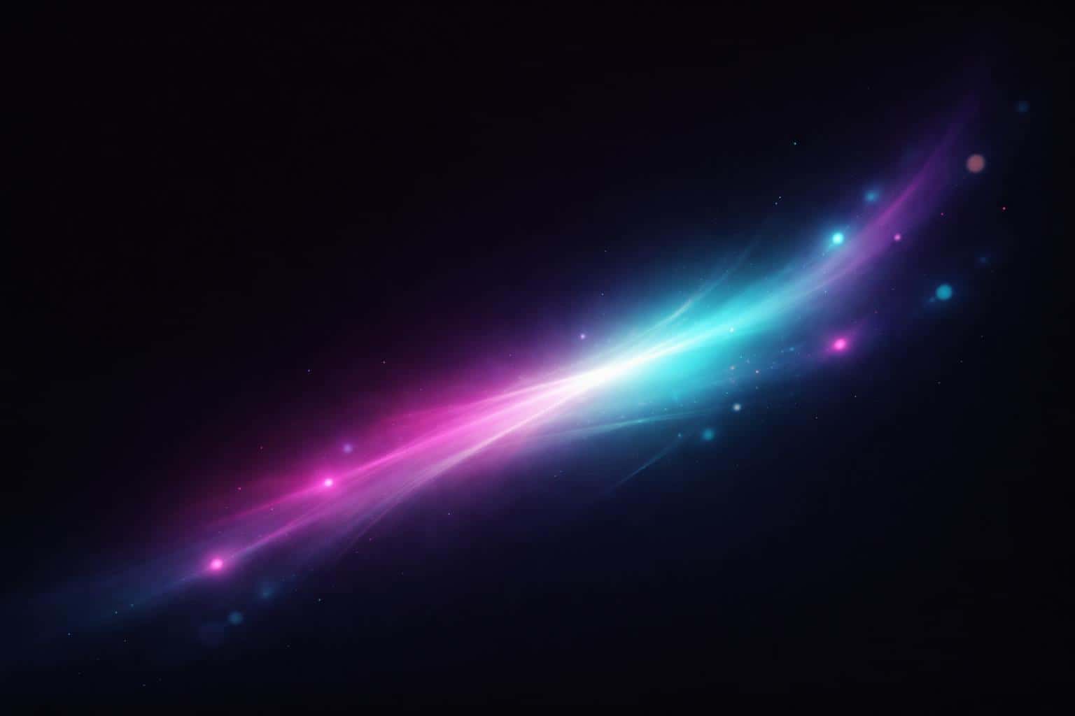 Wide 3:2 desktop wallpaper showing an off-center sweep of soft glowing abstract shapes across a deep navy-black field, magenta spilling into cyan and teal halos with gentle haze and subtle film grain.