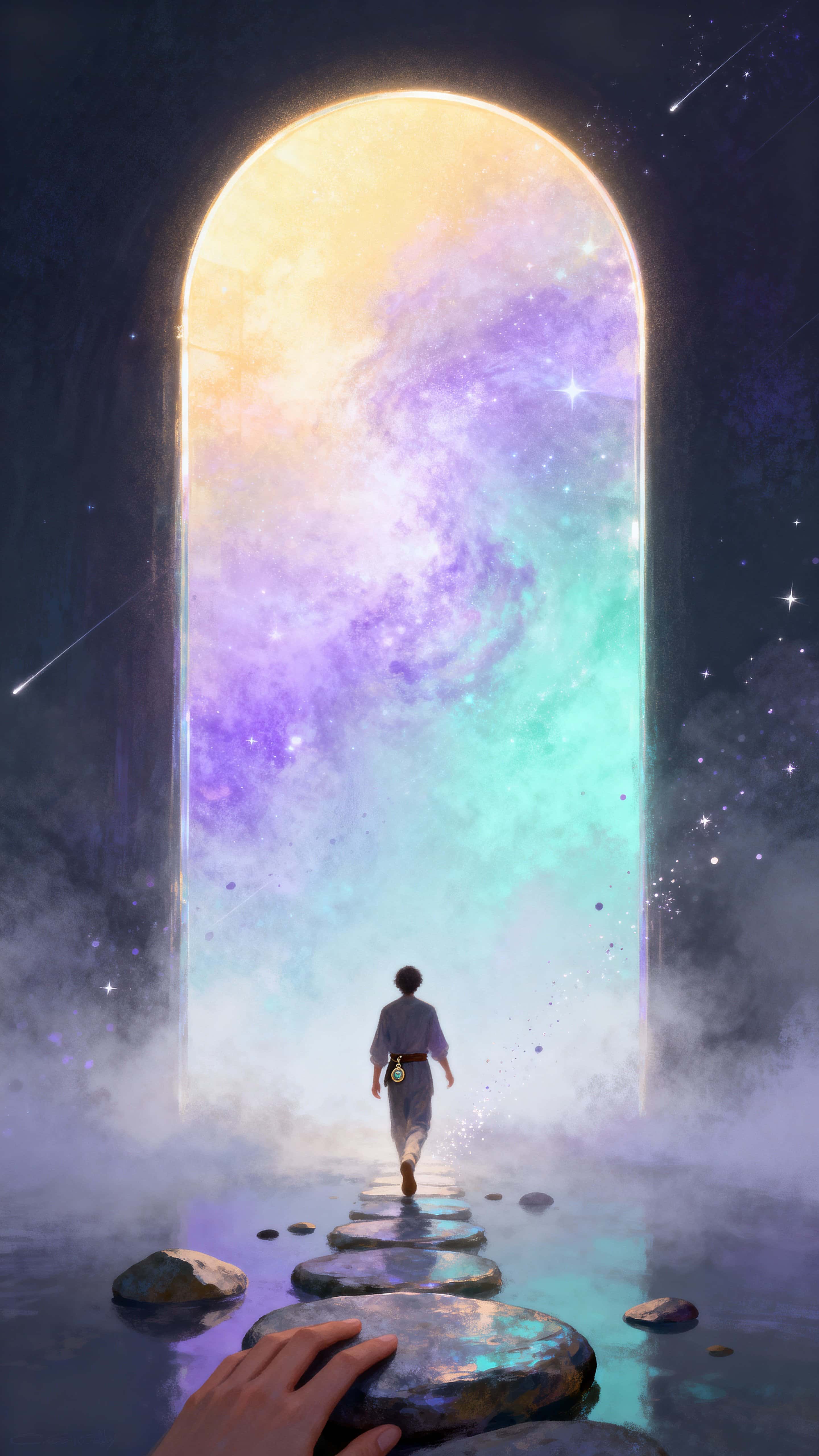 A luminous arch of refracted light frames a vertical portal into a pastel nebula landscape, while a lone figure steps through amid mist and drifting star-dust.