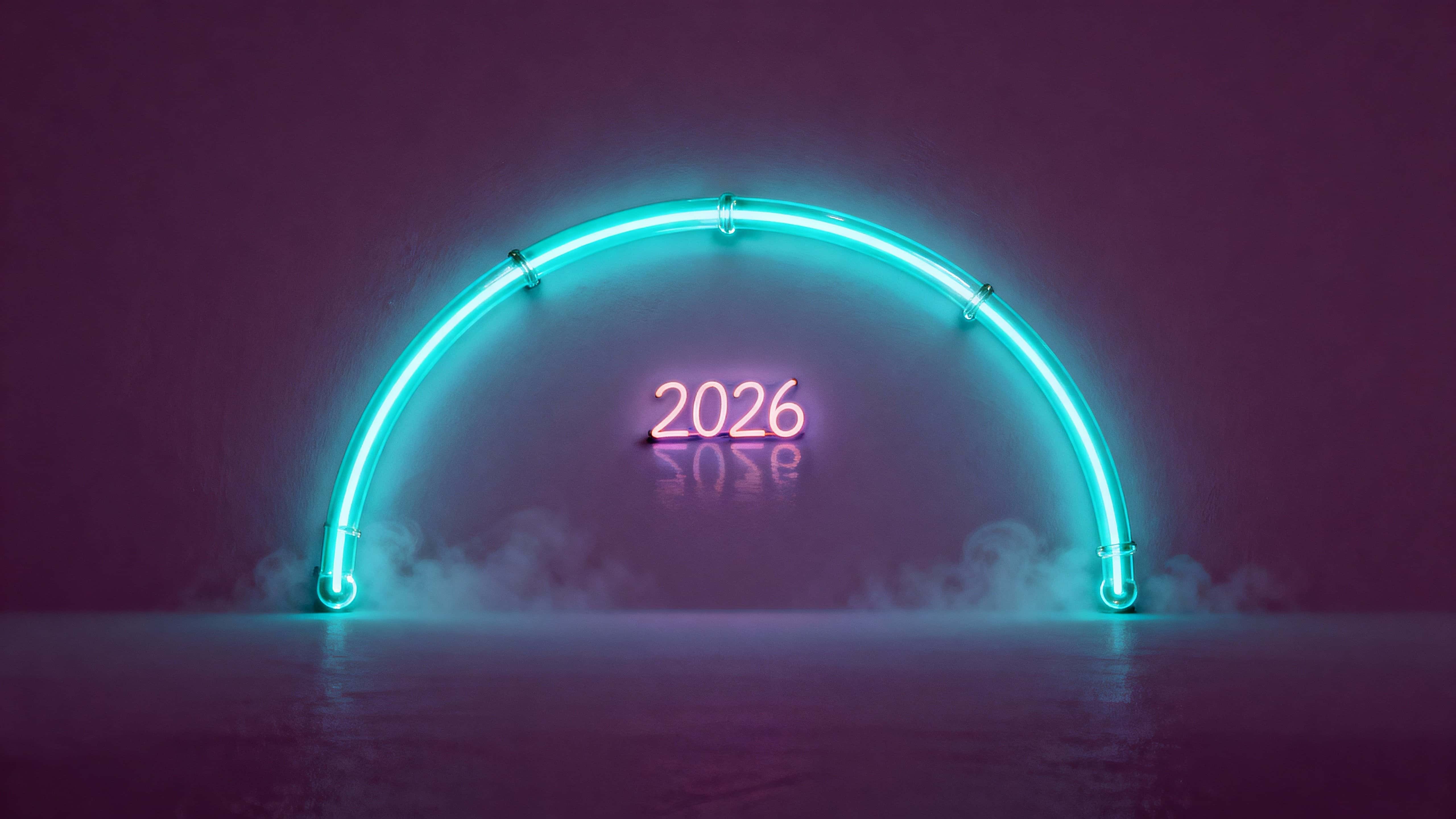 A single luminous arch cradles a thin neon "2026" in a dark, minimalist 16:9 scene, digital painting mood with quiet, cinematic glow.