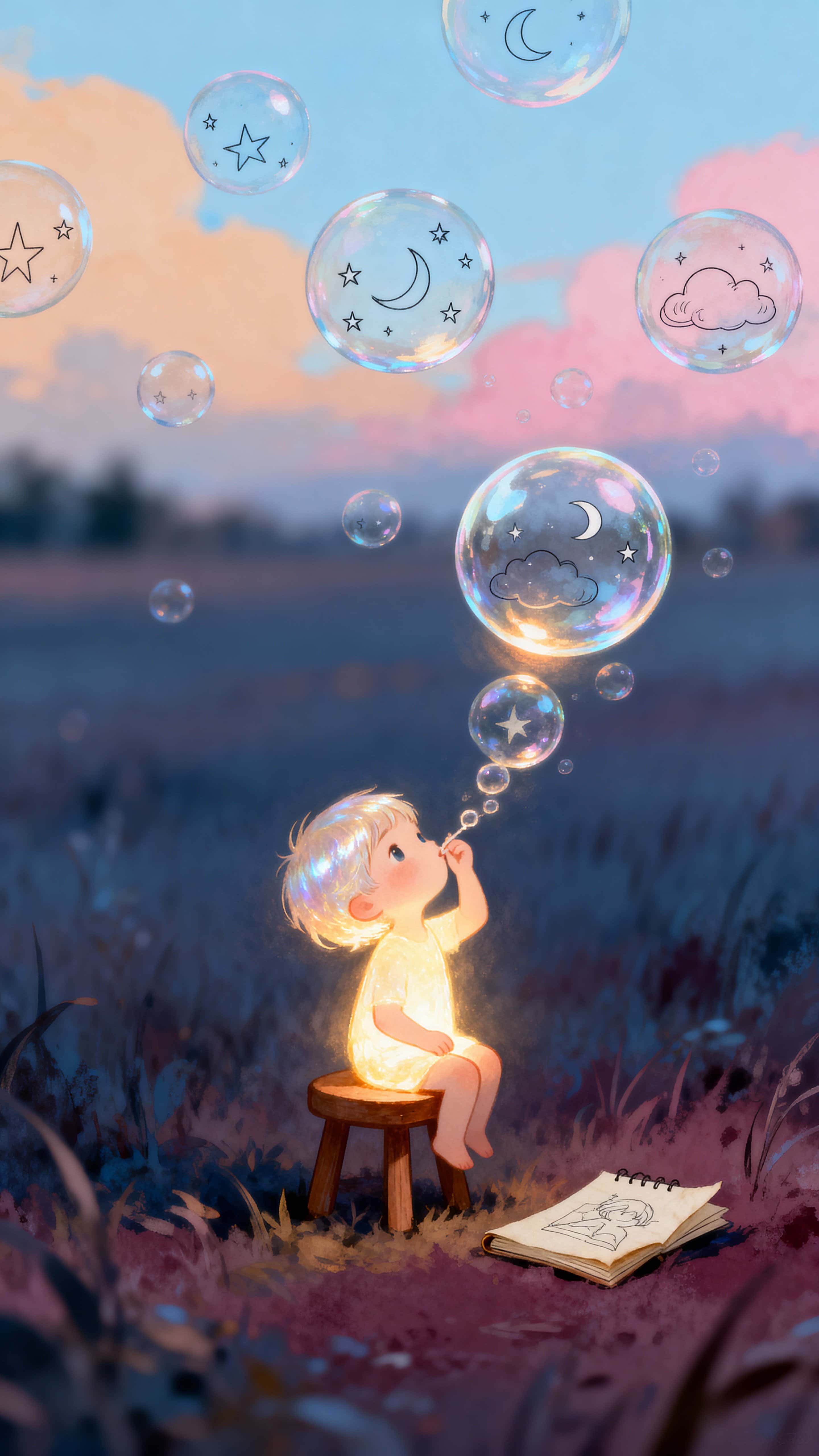 A tiny glowing child stands in a tall portrait frame and blows translucent line-art bubbles that float upward, each bubble cradling a minute doodle of stars, clouds, and moons, evoking quiet wonder and gentle night whimsy.