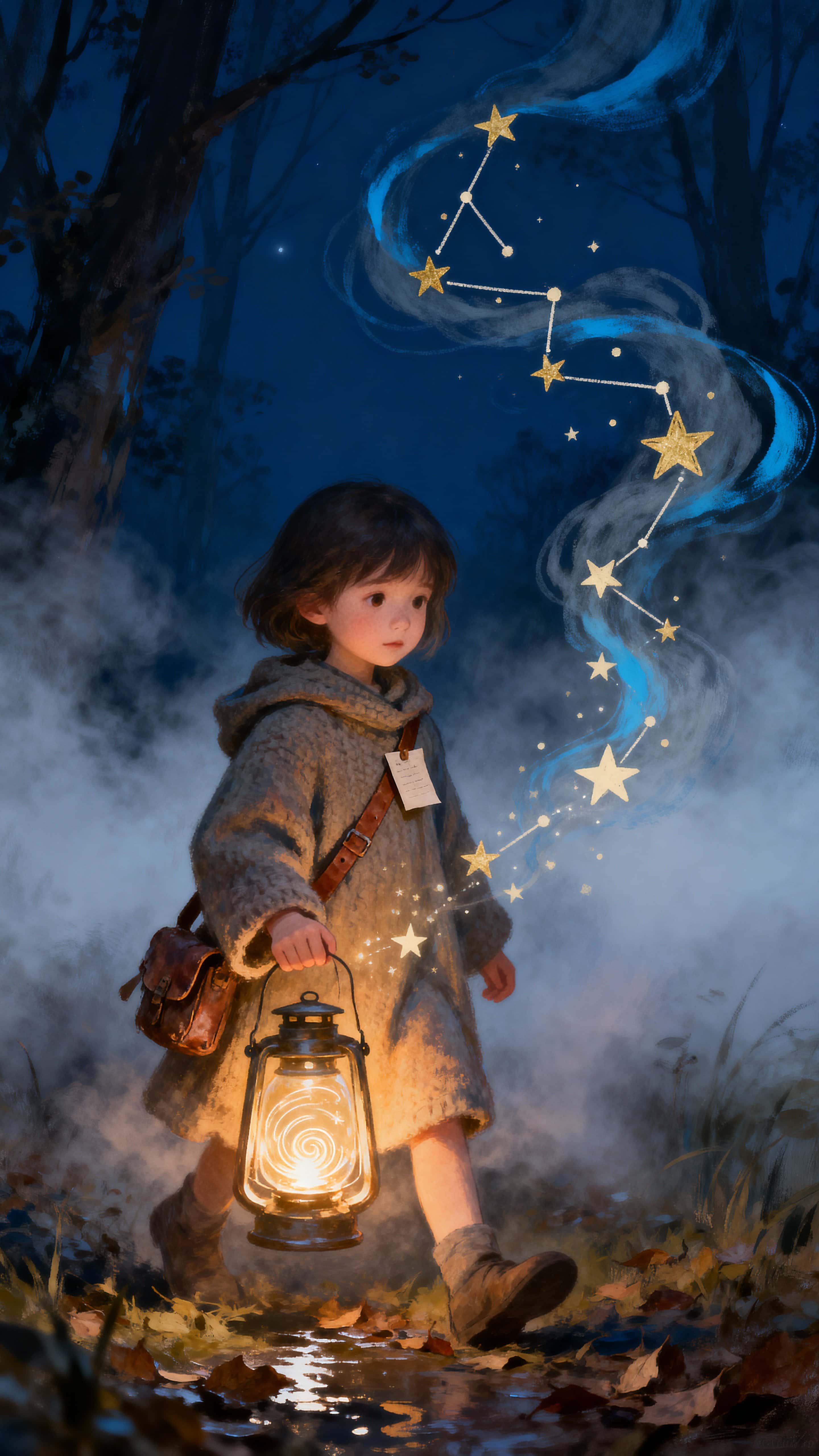 A small glowing child carries a lantern woven from pure light, with tiny doodle stars spinning inside and lighting the surrounding fog in a quiet, magical night scene.