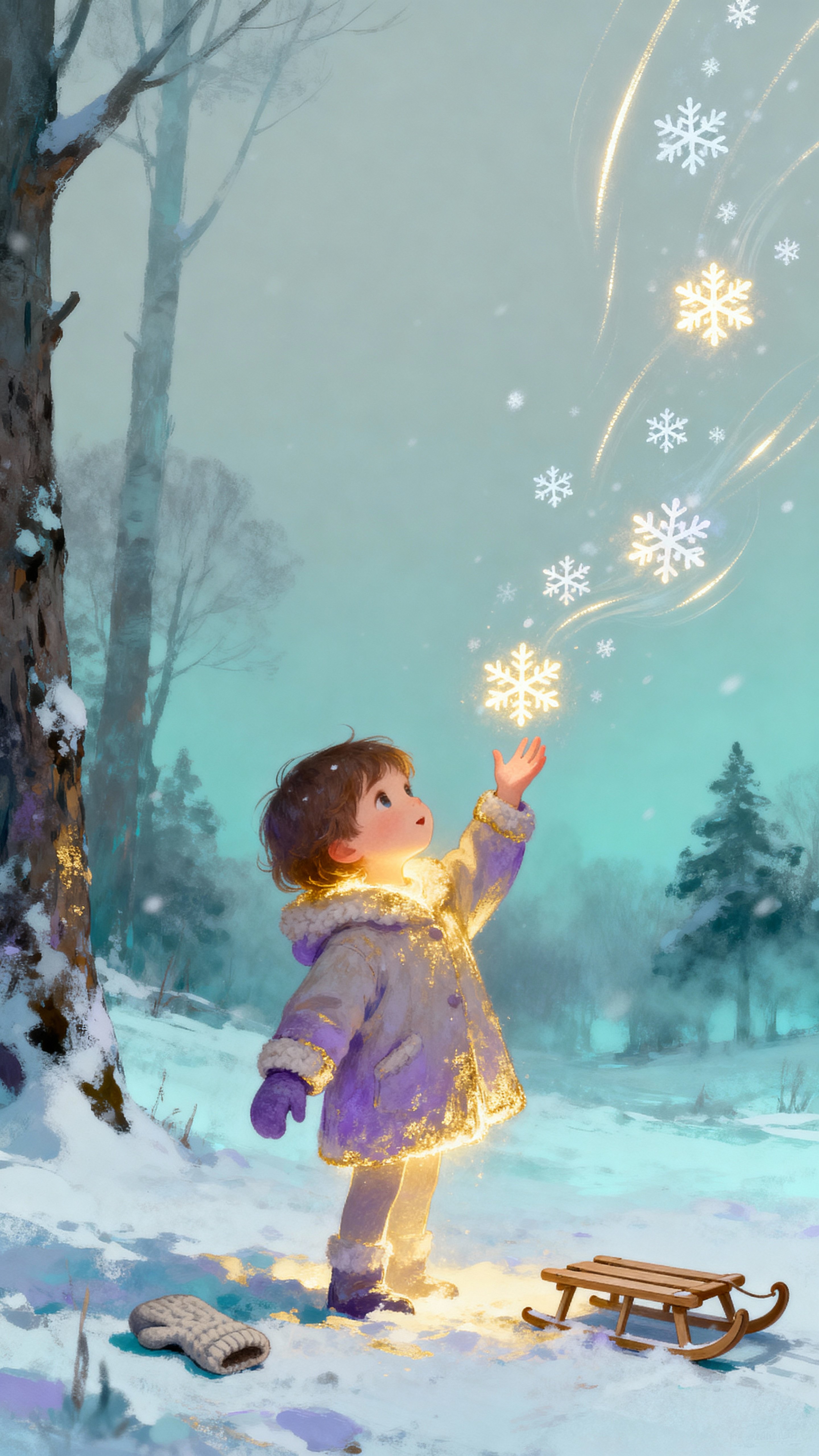 A glowing child in a real snowy landscape reaches out to catch luminous doodble snowflakes that trace soft light trails through the cold air, creating a gentle, magical winter scene framed vertically.