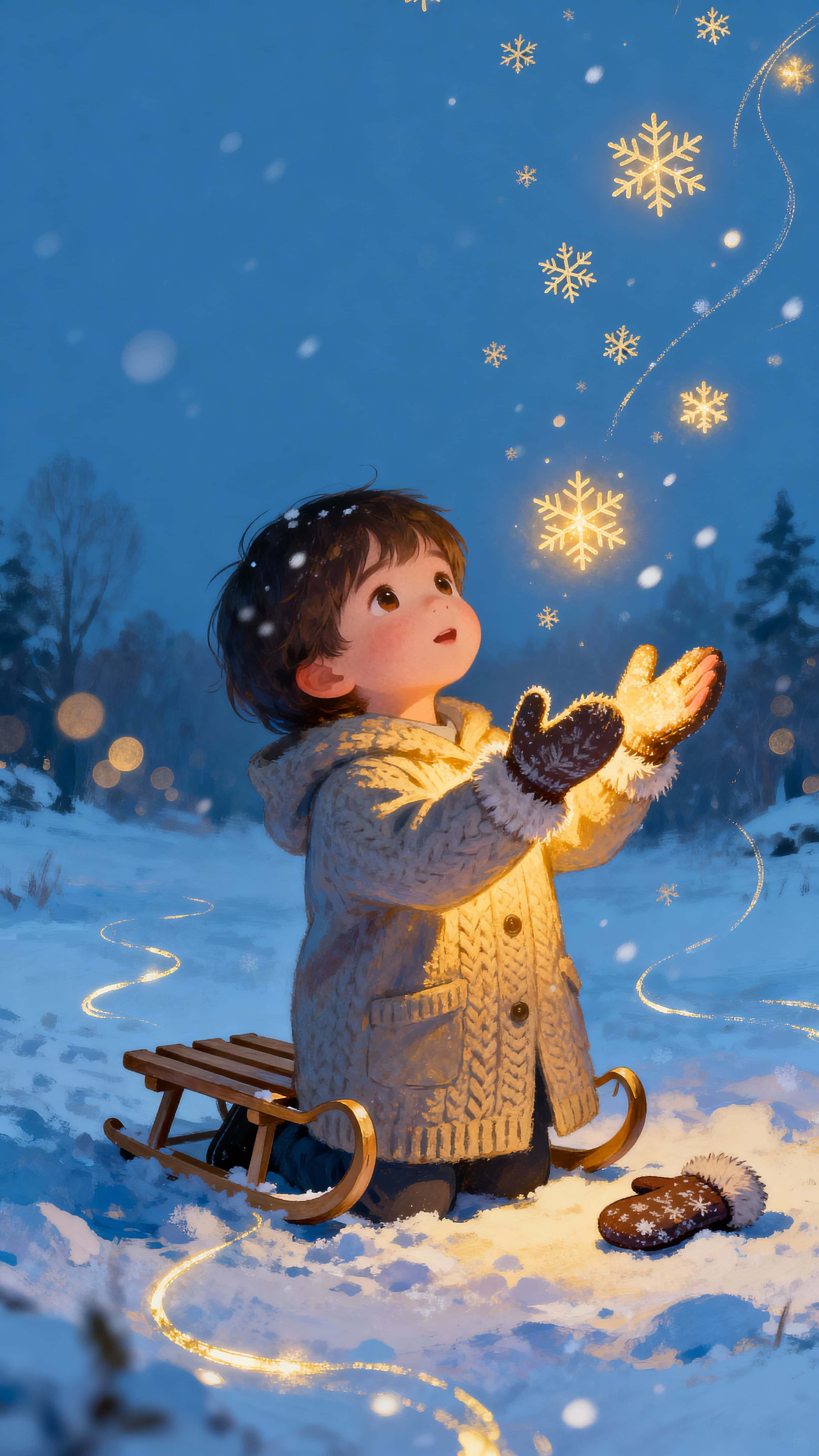 A small glowing child stands in a quiet snowy landscape, reaching out to catch tiny doodle snowflakes that glow and leave delicate light trails, framed vertically for intimate storytelling.