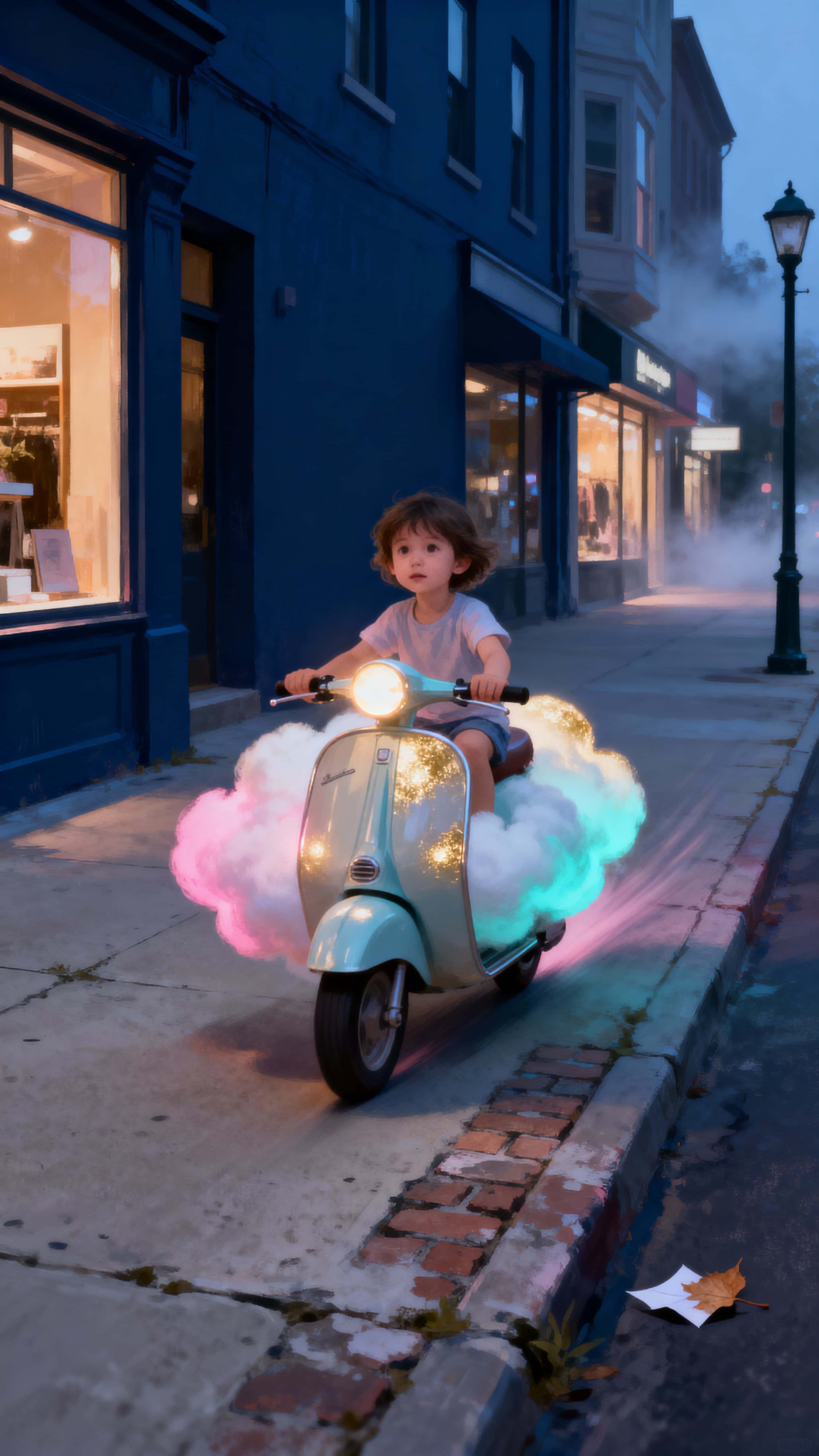 A glowing-outlined child rides a cloud sculpted like a scooter down a real city sidewalk at twilight in a tall 9:16 frame, conveying gentle wonder and forward motion.