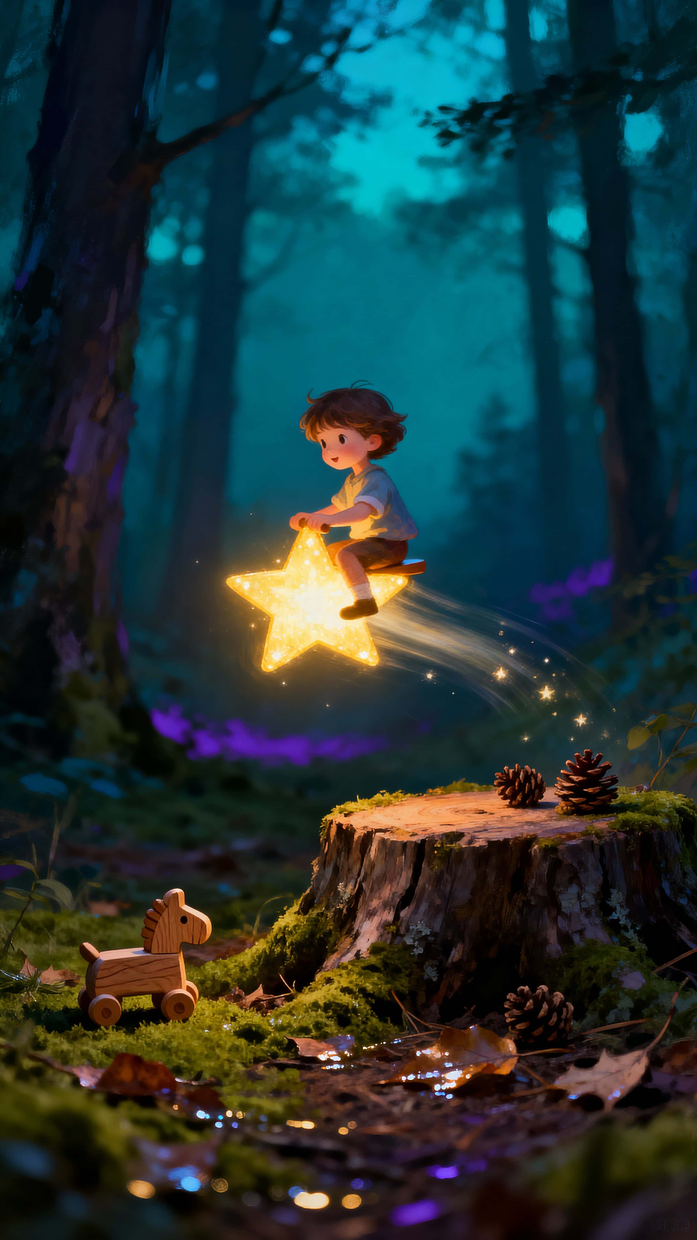 A glowing child rides a luminous falling star skimming a real forest floor at dusk, trailing long light streaks across moss and wet leaves, evoking playful wonder and motion.