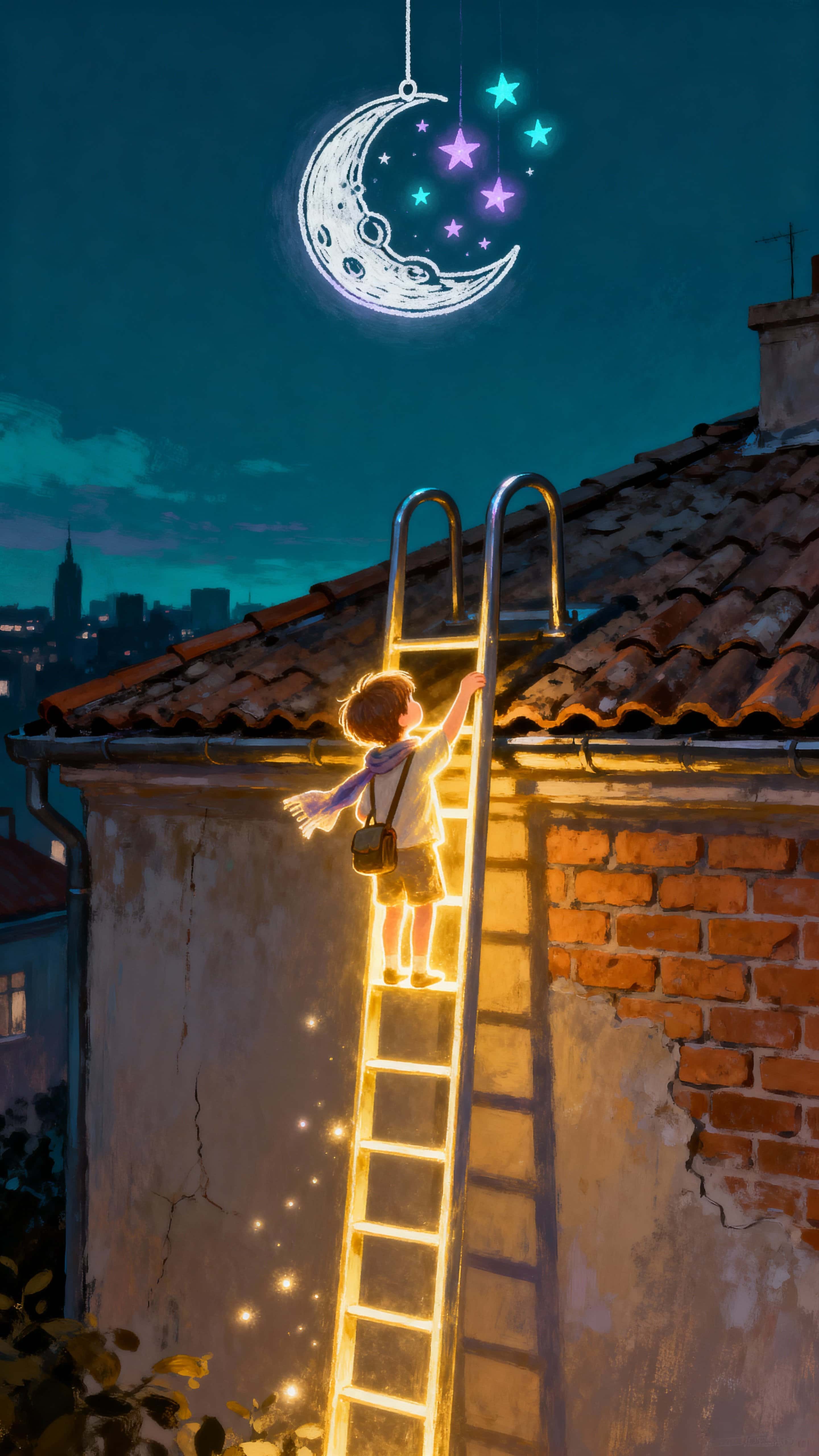 A luminous child climbs a glowing ladder leaning against a real rooftop beneath a doodle moon and tiny stars, presented in a tall 9:16 frame to emphasize vertical ascent and night sky mood.