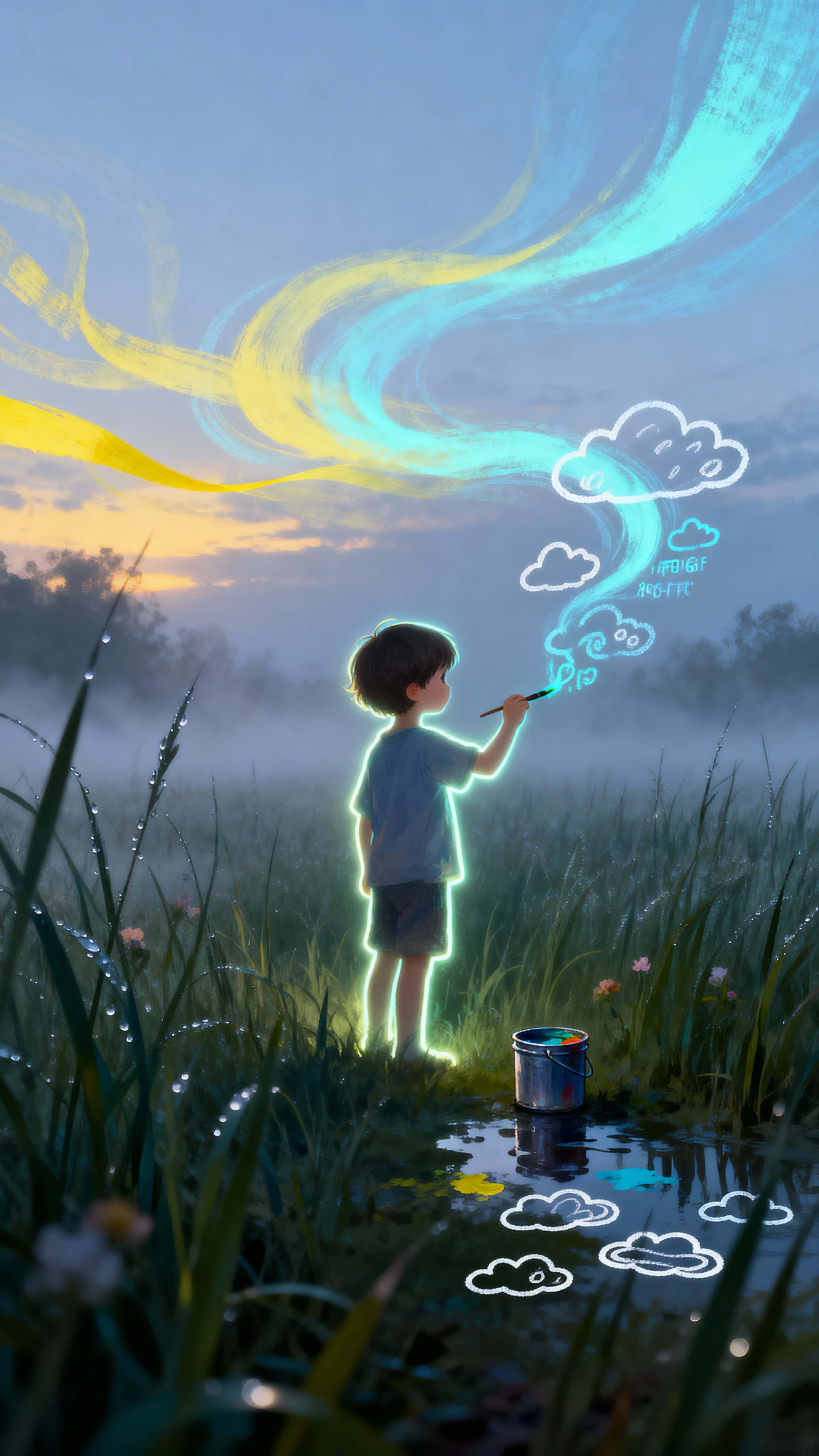 A small glowing child stands in a tall grassy field at dusk, painting luminous doodle clouds into the misty sky with a brush that leaves shifting light trails and soft vaporous edges.