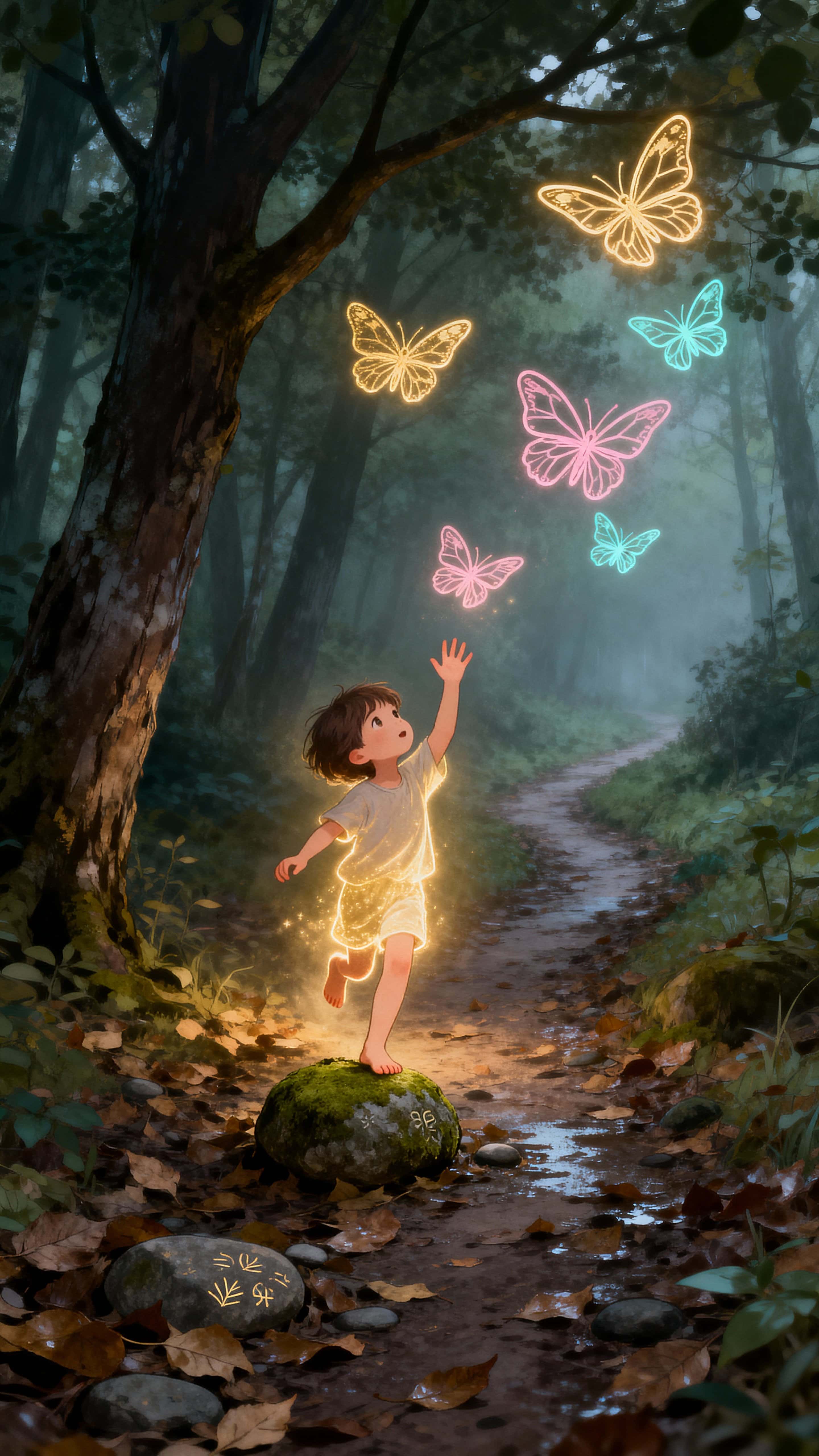 A luminous child runs along a leaf-strewn forest path toward delicate glowing line-art butterflies above the ground, with a vertical 9:16 crop that accentuates motion and wonder.