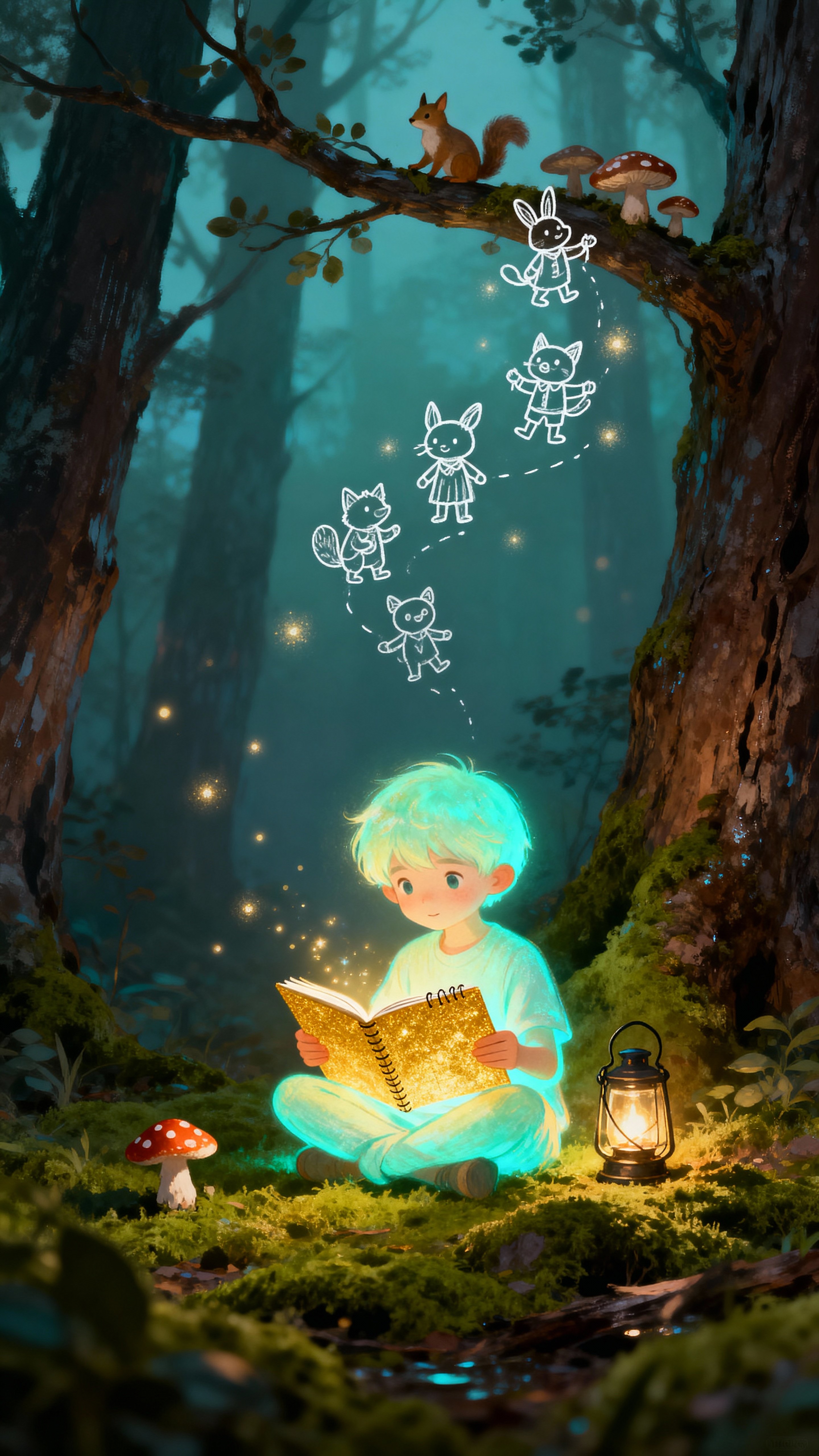 A small glowing child sits cross-legged on the mossy forest floor reading a luminous sketchbook while playful drawn characters and doodle animals lift from the pages and drift into the night air, creating a magical tableau.