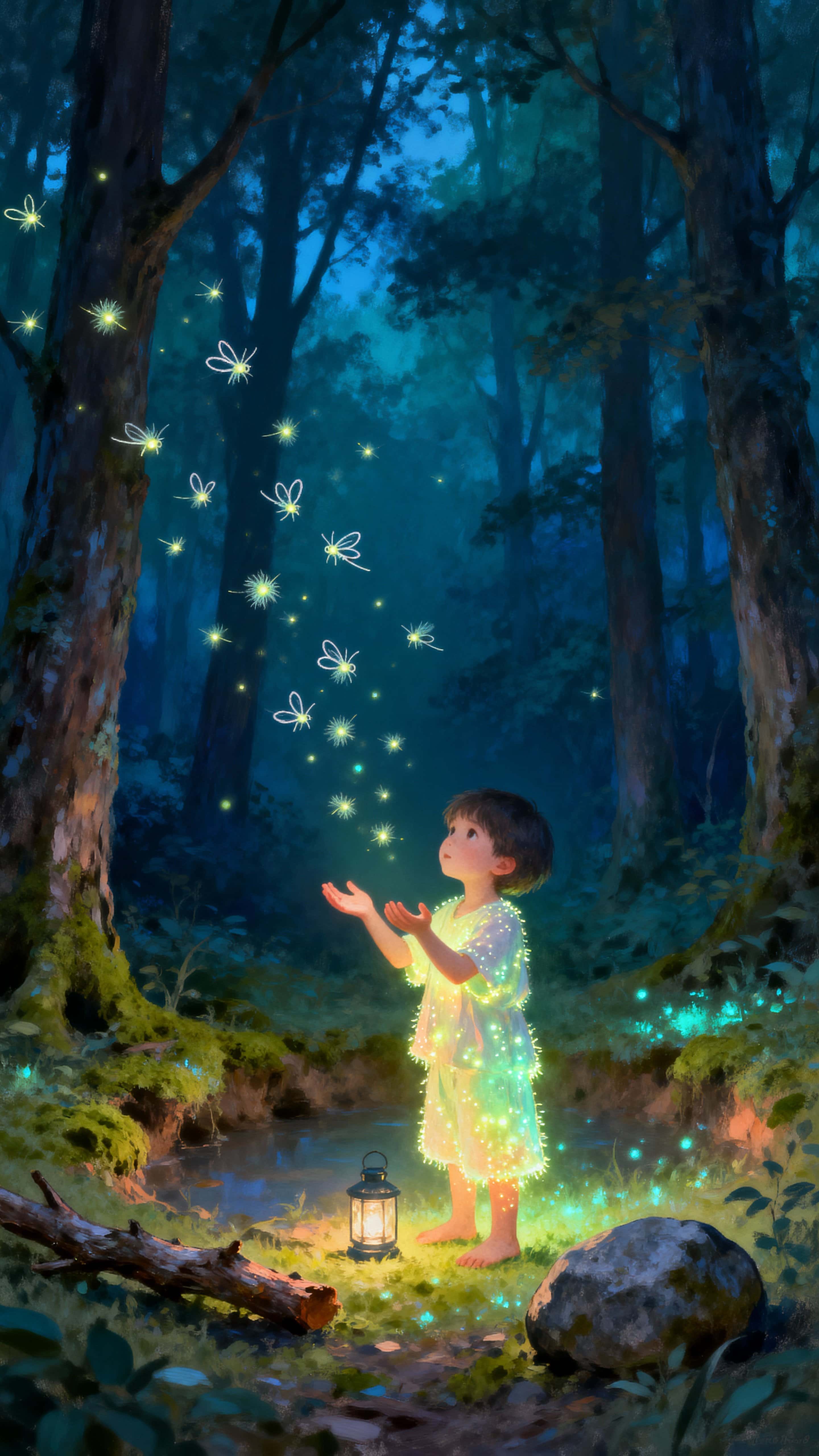 A glowing child stands at the edge of a dark forest, opening her hands to release dozens of tiny luminescent doodle fireflies that drift into the trees.