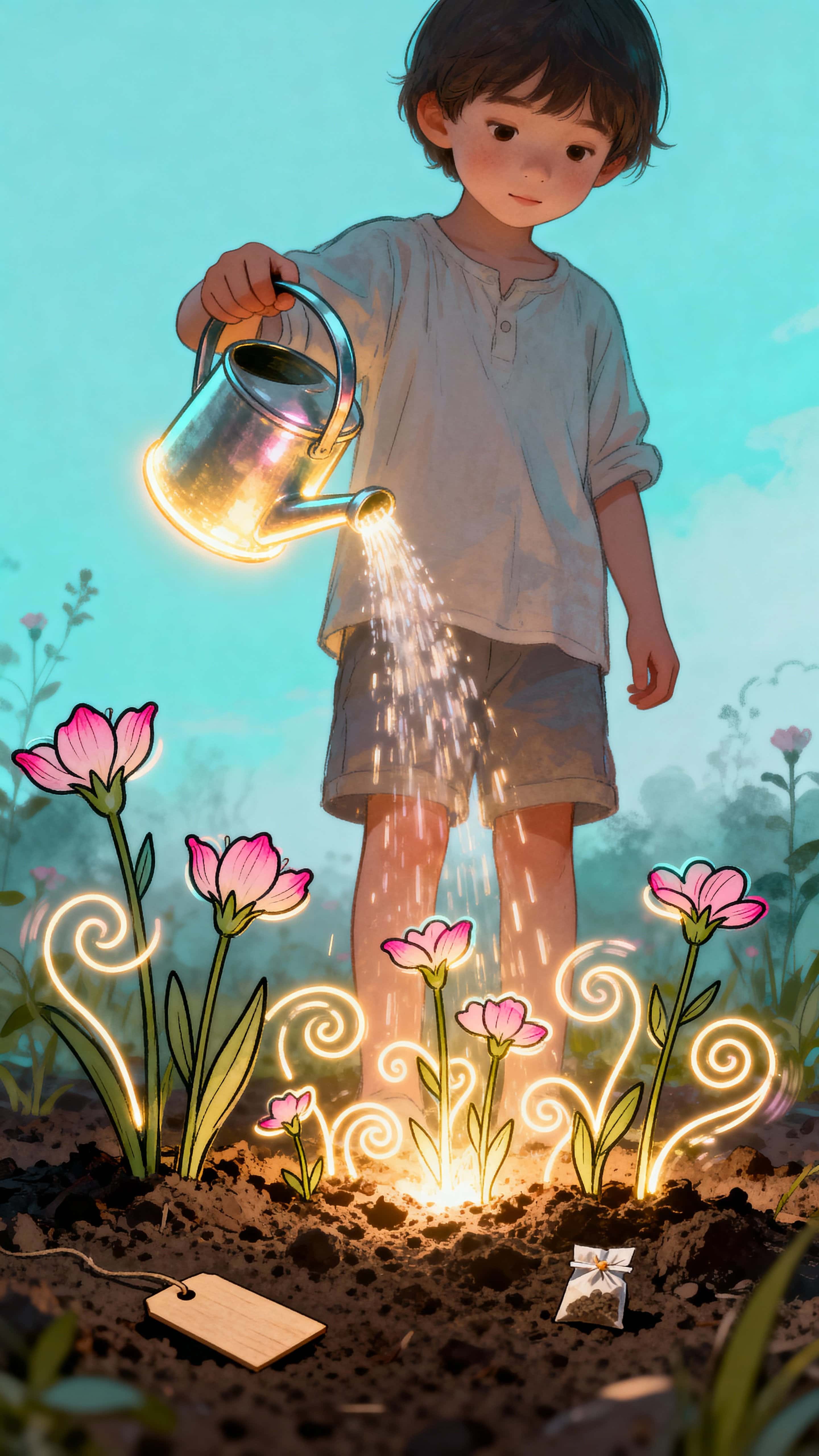 A luminous outline child stands in a vertical frame pouring radiance from a glowing watering can as doodle flowers sprout instantly from the soil at their feet, creating a playful nocturnal garden scene.
