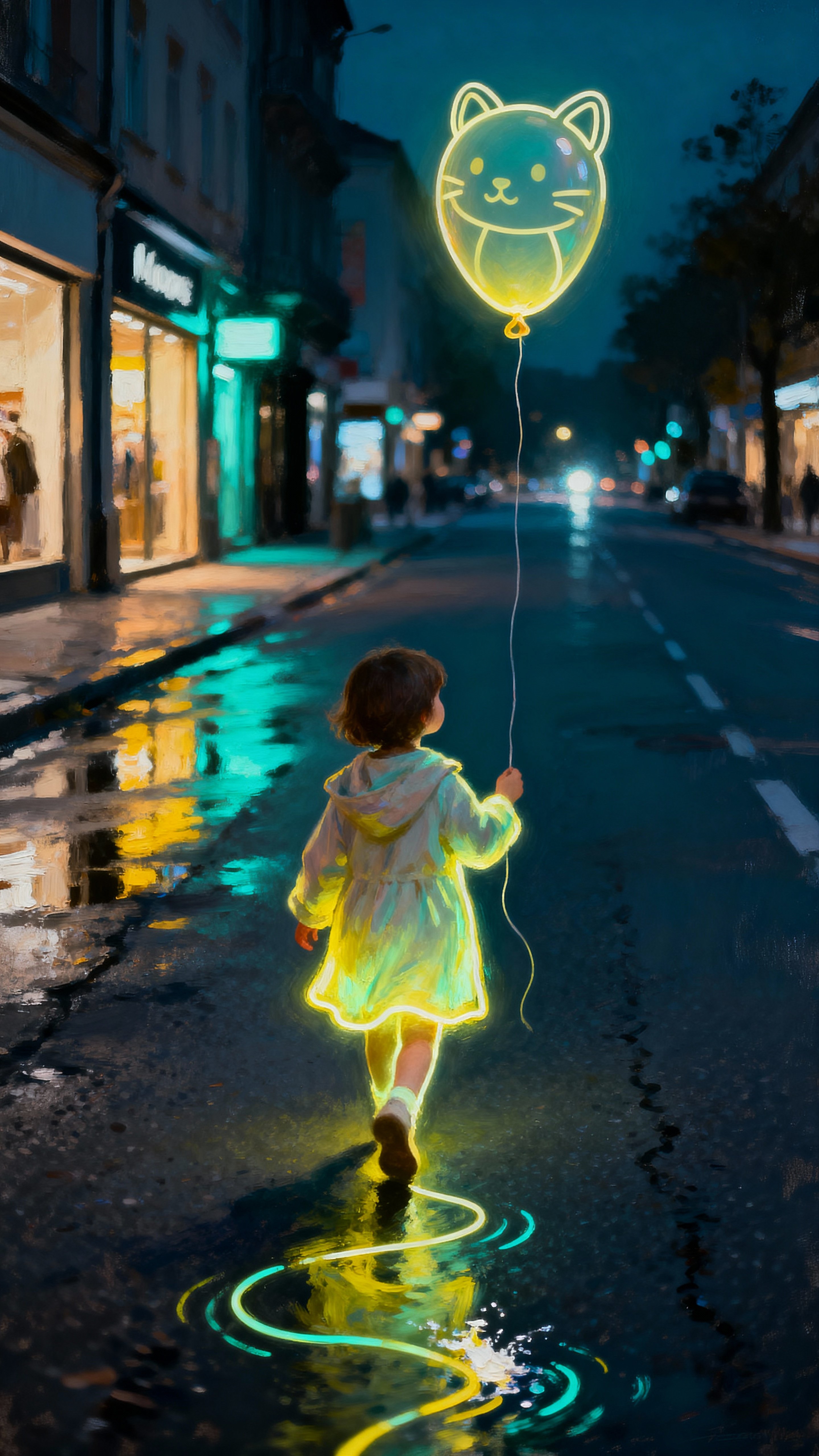 A glowing child walks a street at night holding a line-art glowing balloon animal on a string, the light tracing their forms against wet pavement and distant city glow.