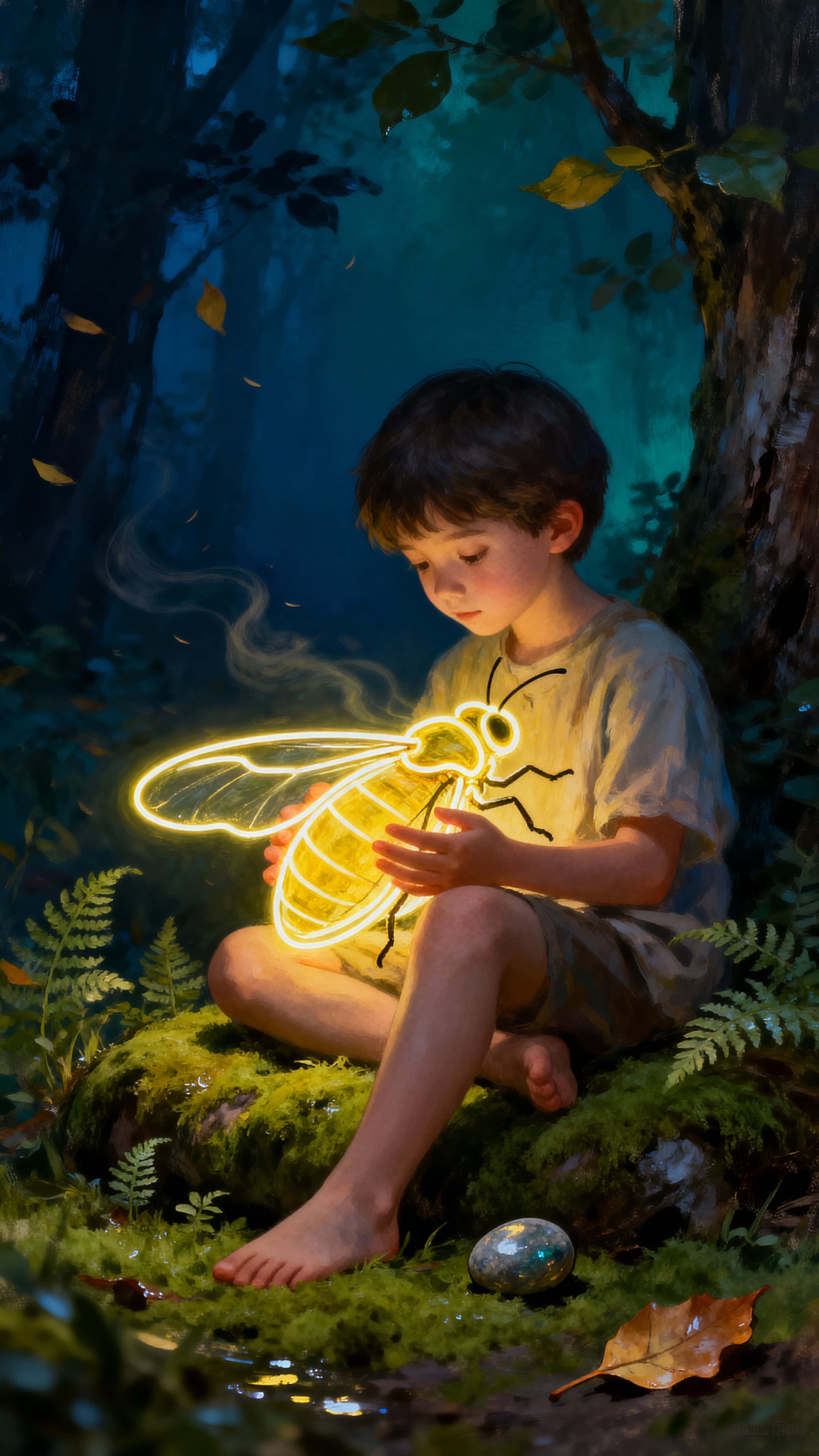 A child cradles a large luminous firefly sketched in glowing lines, standing on moss in a real forest at twilight with the warm light spilling across leaves and ground.