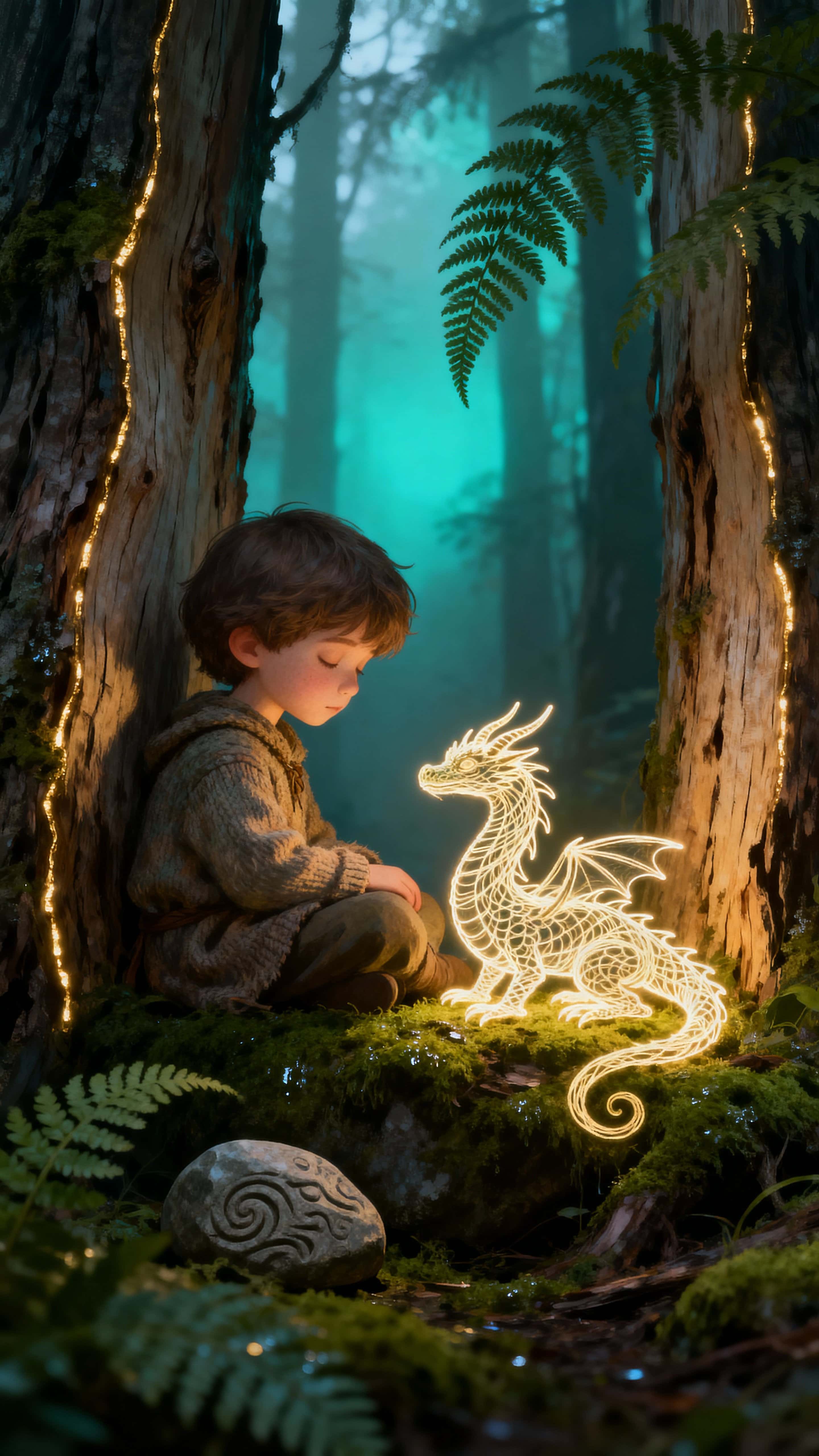 A small glowing child sits in a misty vertical forest, leaning gently against a tiny dragon formed from luminous line-art, creating a tender, otherworldly calm within the trees.
