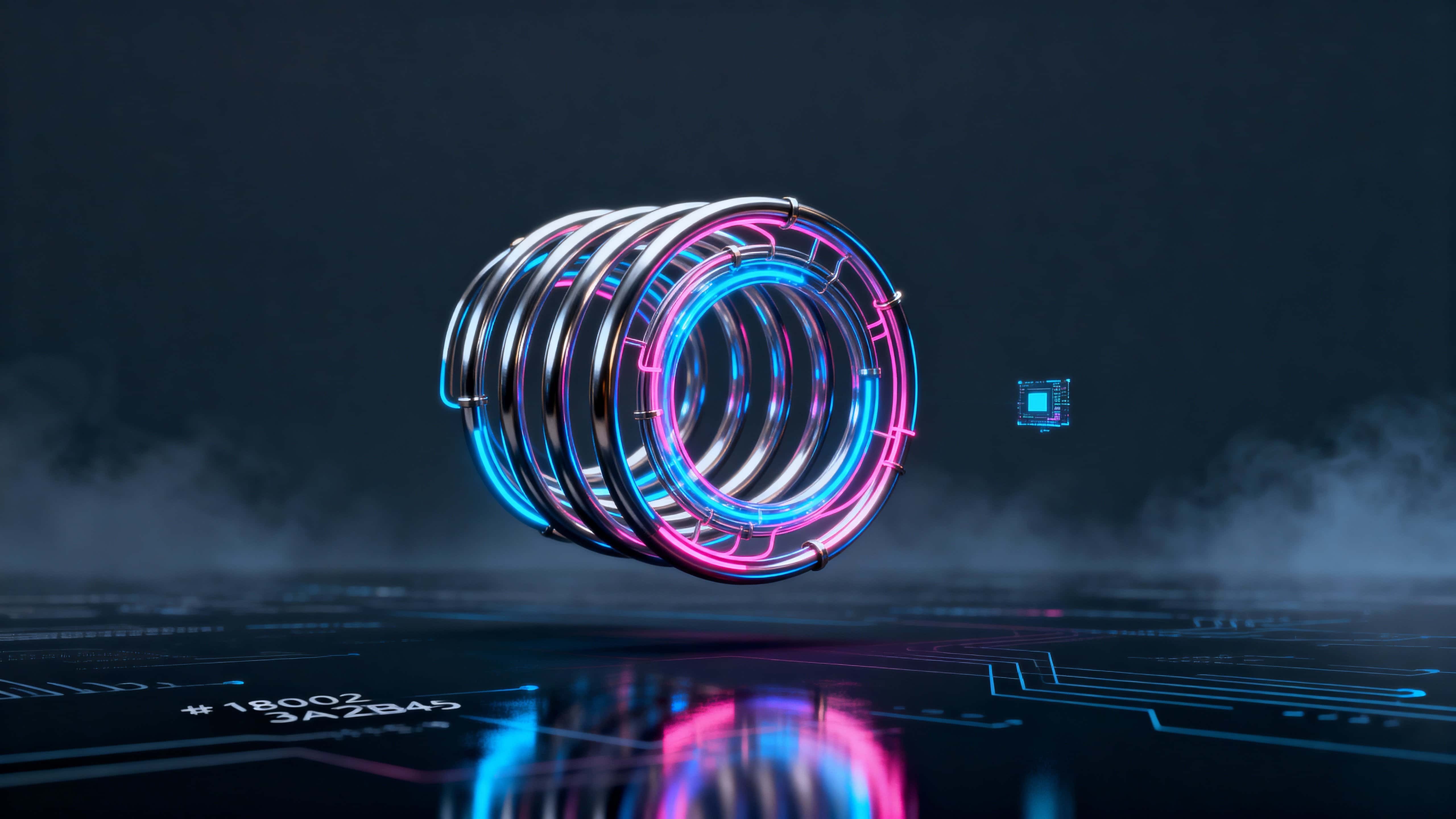 A floating spiral of glowing circuits arcs above a dark reflective plane, with shimmering blue and pink energy threading metallic lines and a cinematic cyber-dream mood that feels both futuristic and hypnotic.