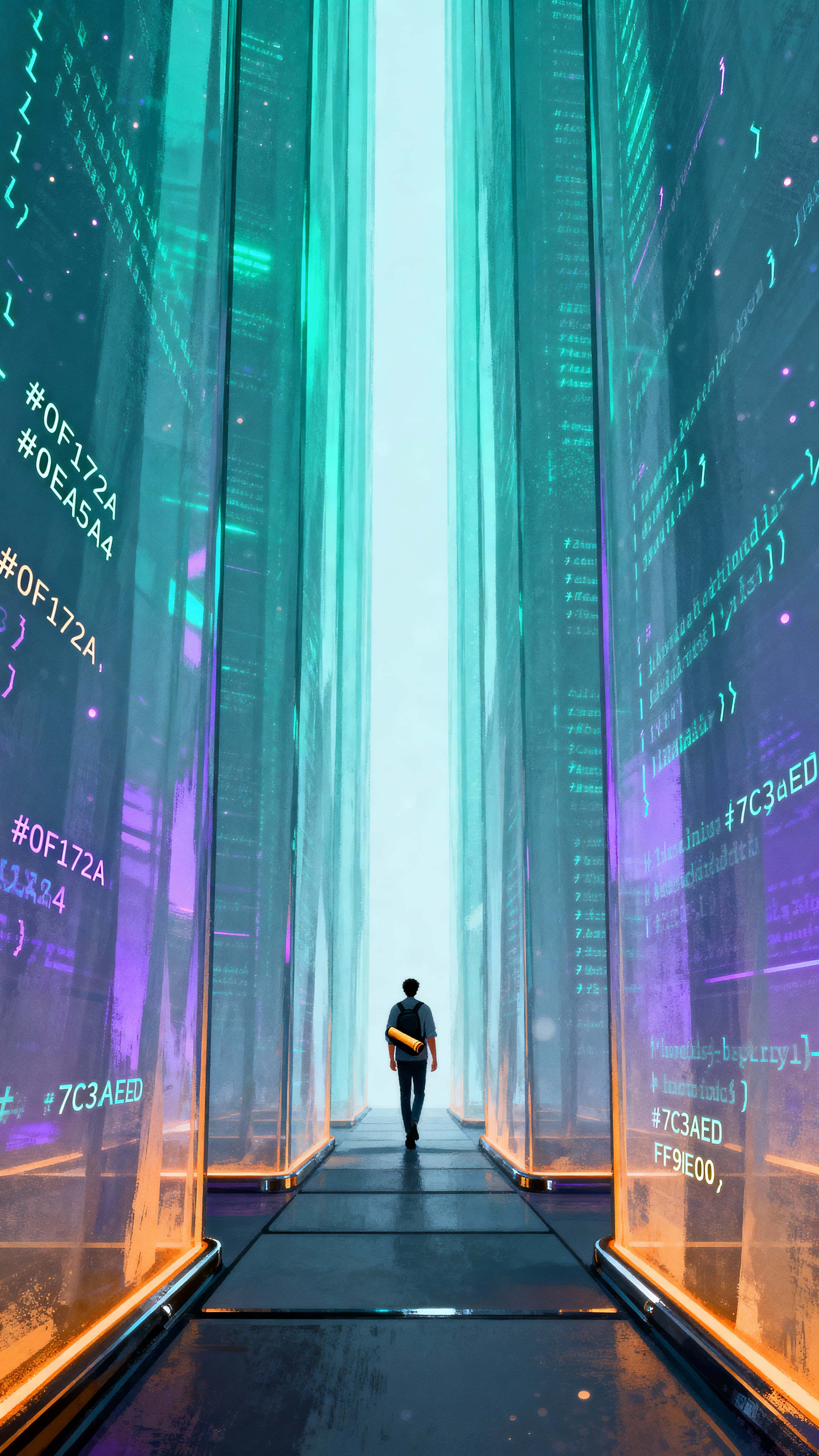 Sheets of glowing code hang like translucent curtains in a tall, narrow corridor as a programmer parts them and walks through, the air humming with digital light and motion.