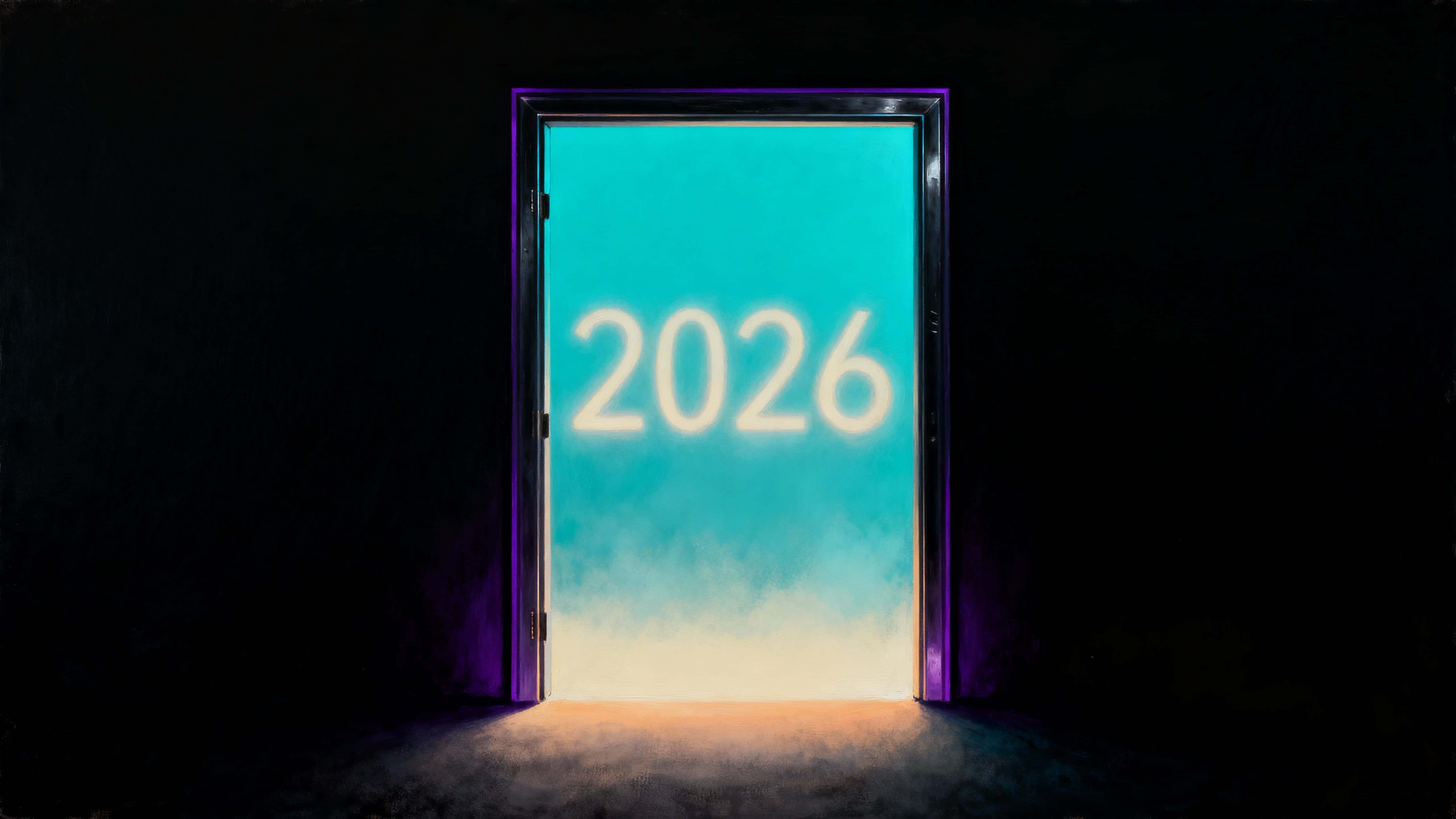 A single luminous doorway floats in a pitch-black void; soft blurred numerals "2026" glow within, serene and otherworldly, 16:9 cinematic framing.