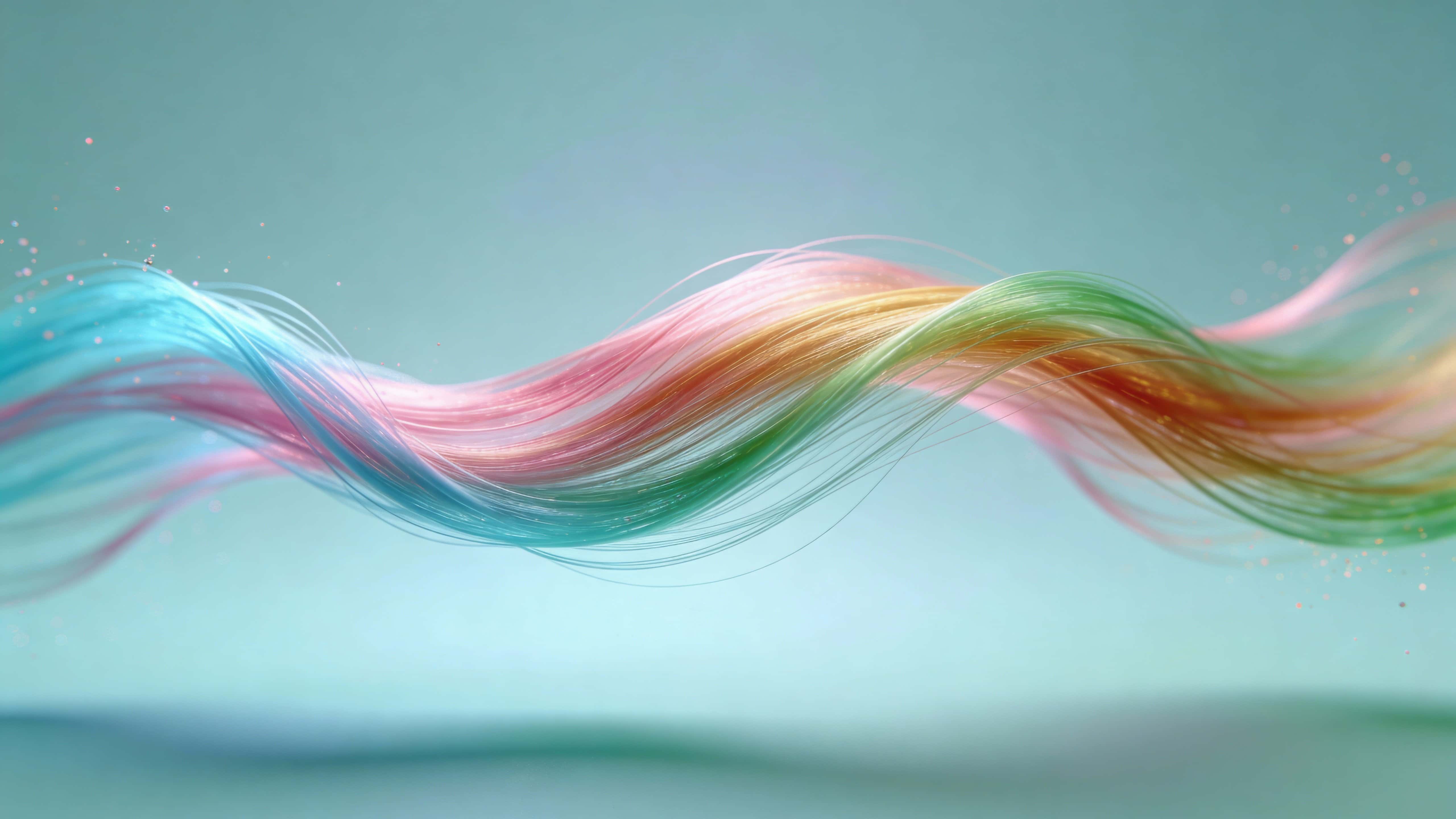 A horizontal glowing ribbon of intertwined cyan, rose, amber, and green filaments sweeps across the center with drifting particles and soft diffused highlights.