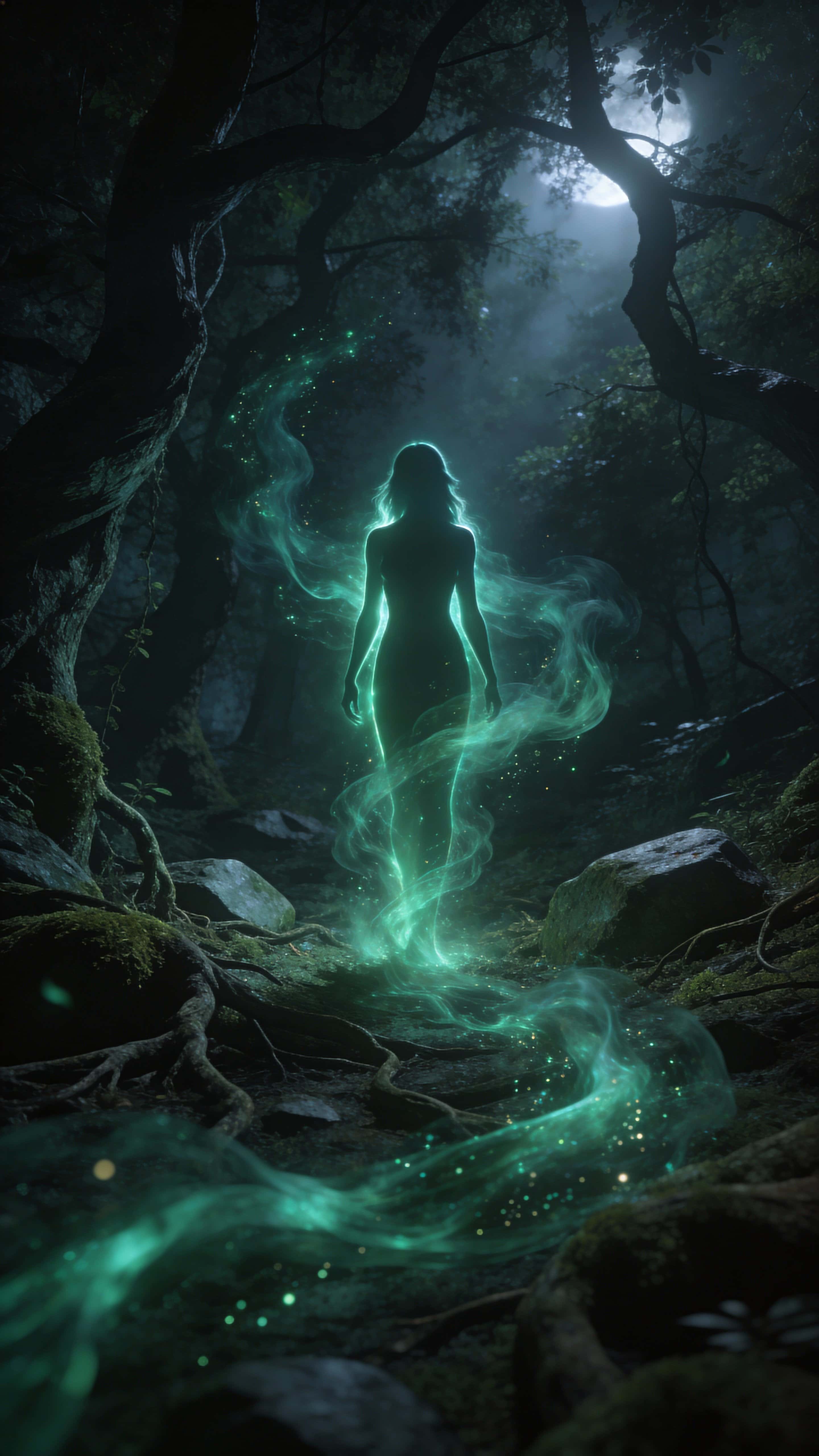 Vertical 9:16 scene of a dark fantasy forest with a lone glowing female silhouette, emerald energy flowing like living smoke through deep shadowed trees under faint moonlight.