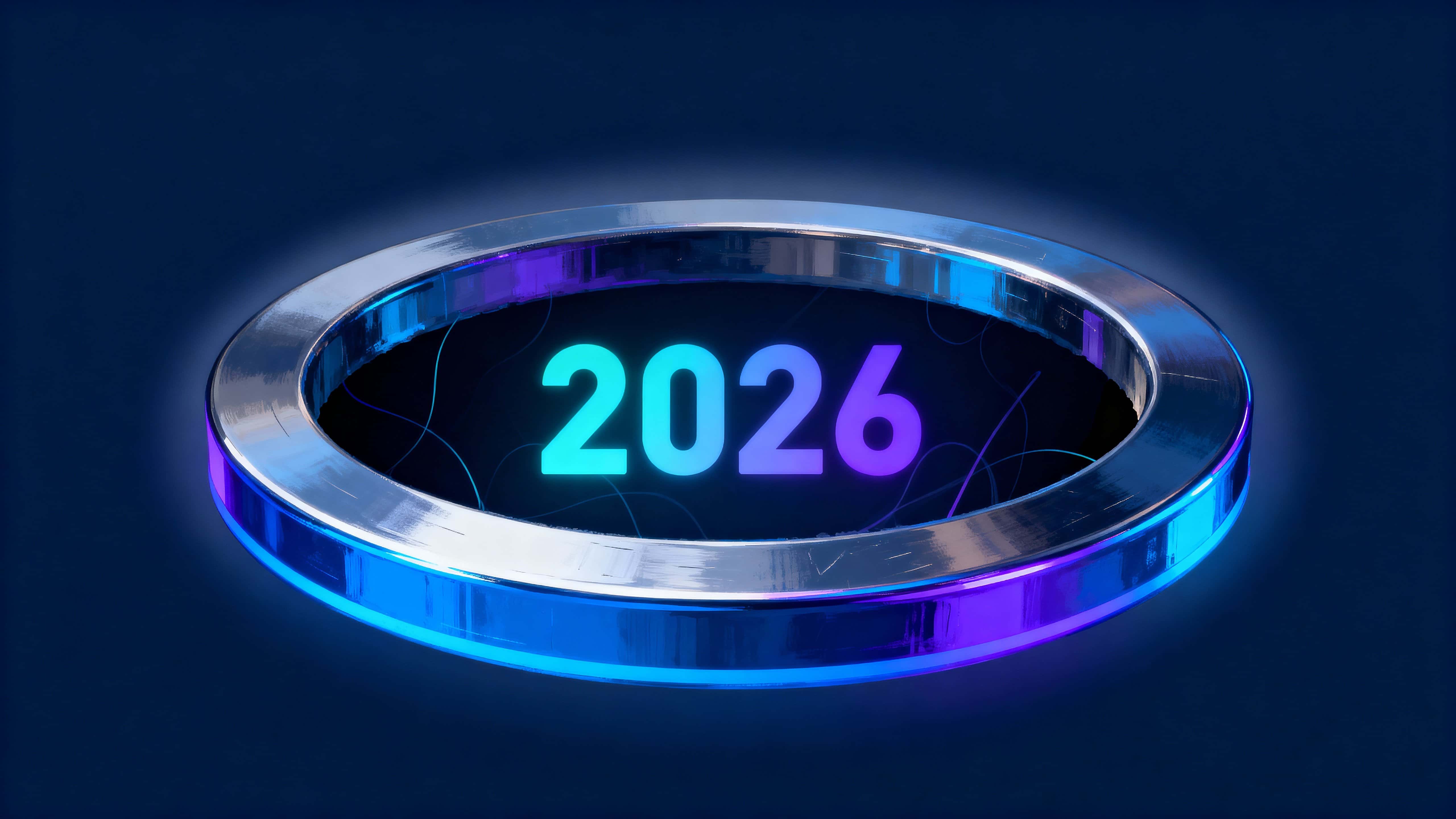 Digital painting of a hovering circular void with a luminous rim; inner shifting light lines rearrange and settle into the numerals "2026" in a serene, uncanny mood.