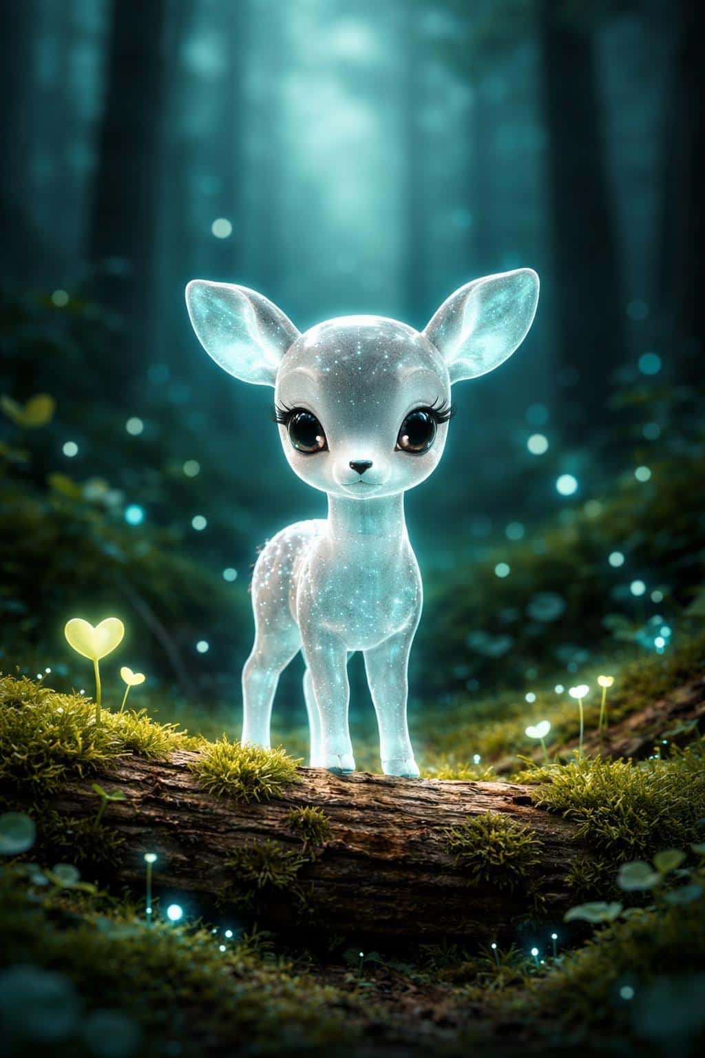A glossy translucent fawn stands centered on a moss-covered log amid cyan heart-shaped sprouts and scattered bioluminescent seedlings in a dark green forest.
