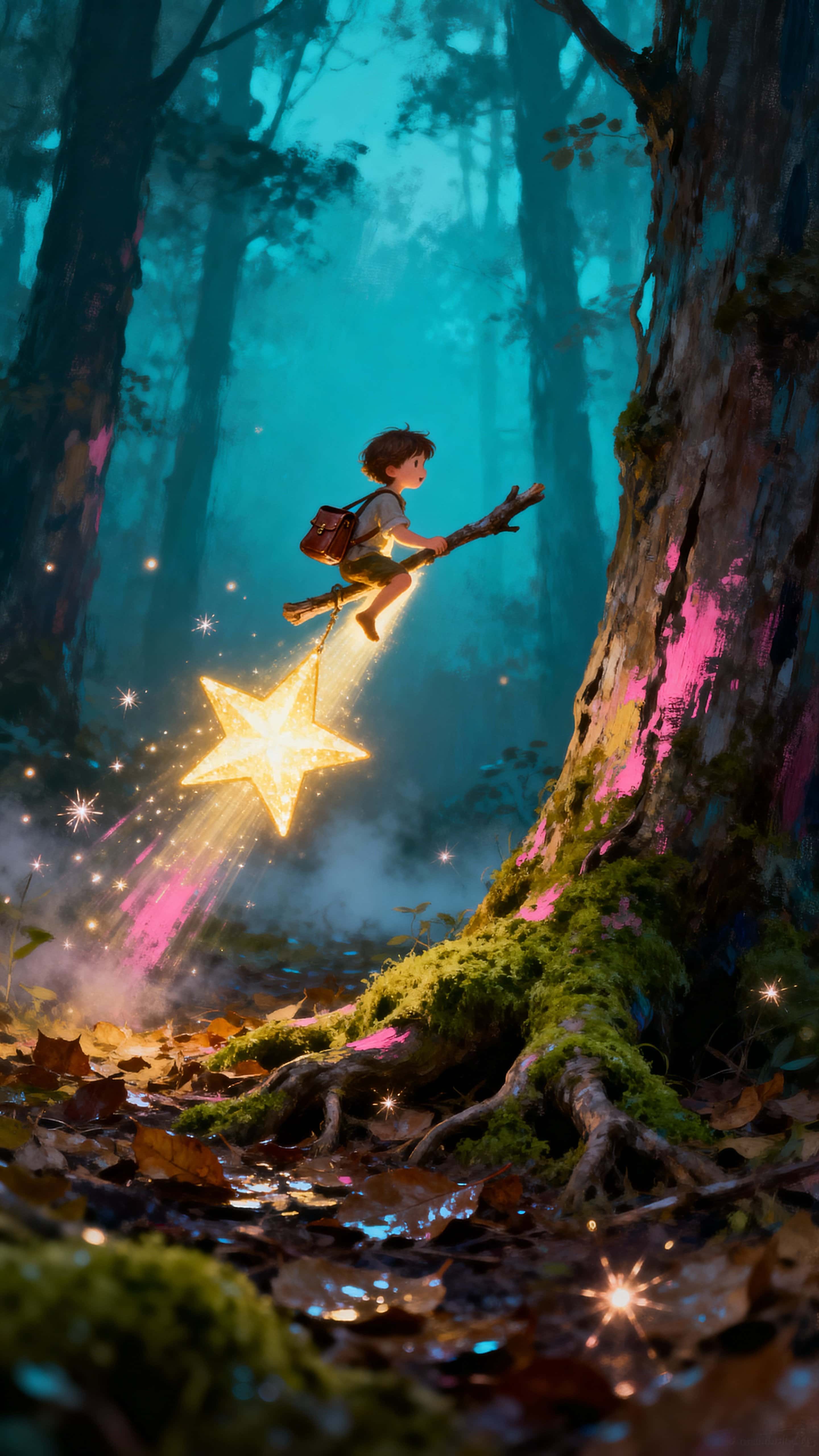 A glowing child rides a luminous falling star that skims a real forest floor, trailing ribbons of light that paint moss, roots, and trunks with warm and cool tones.
