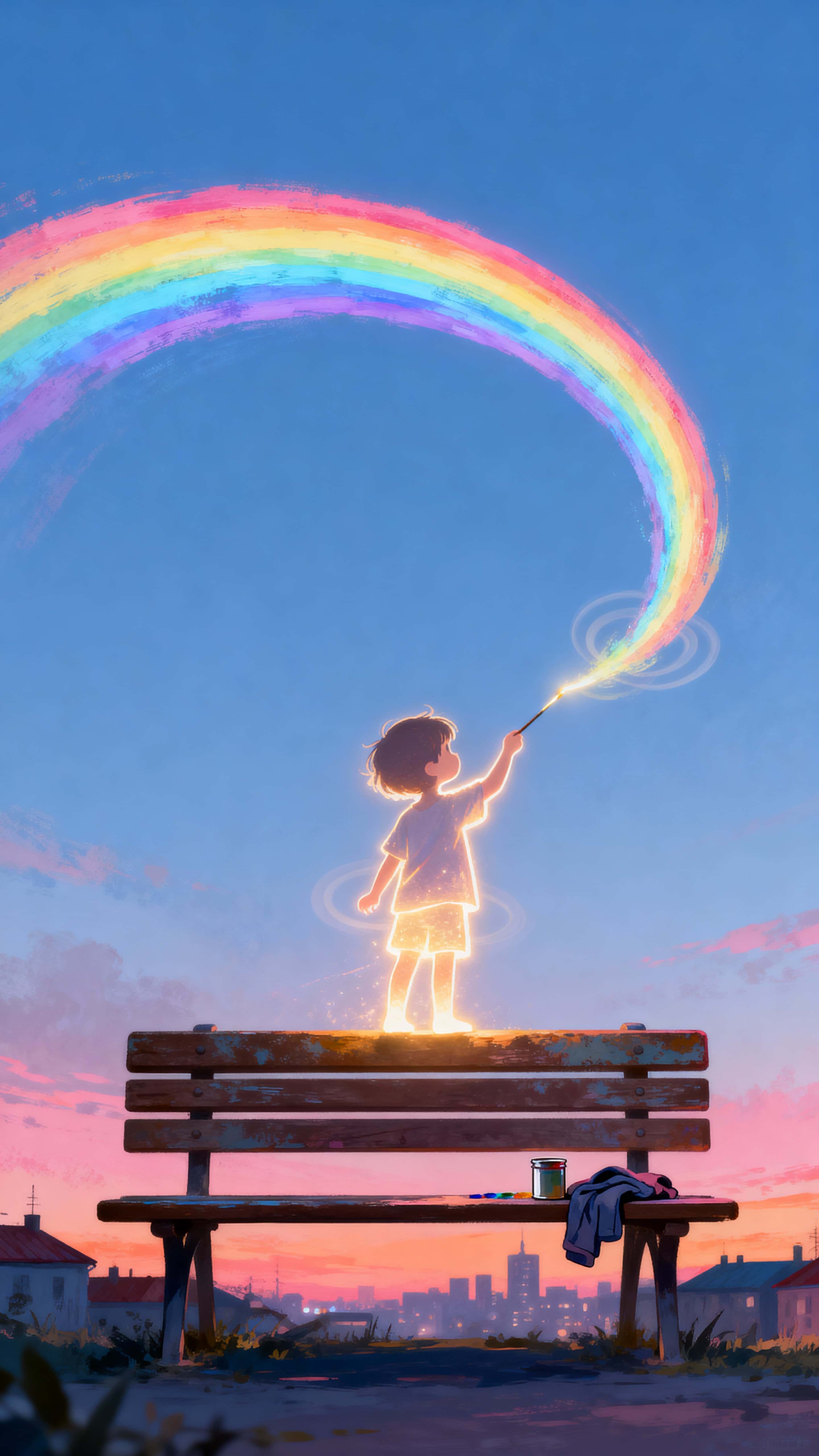 A glowing kid stands on a park bench at dusk and paints a bright, luminescent rainbow across the real sky with a handheld light-brush, creating a playful, magical scene of wonder and motion.