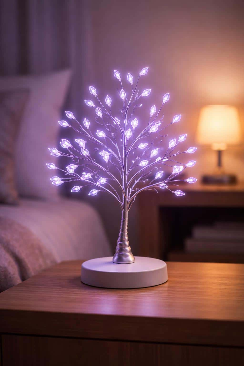 Centered glowing LED tree on a bedside table, photographed as a product-style interior scene with warm ambient lamp contrast for a cozy poster-cover look.