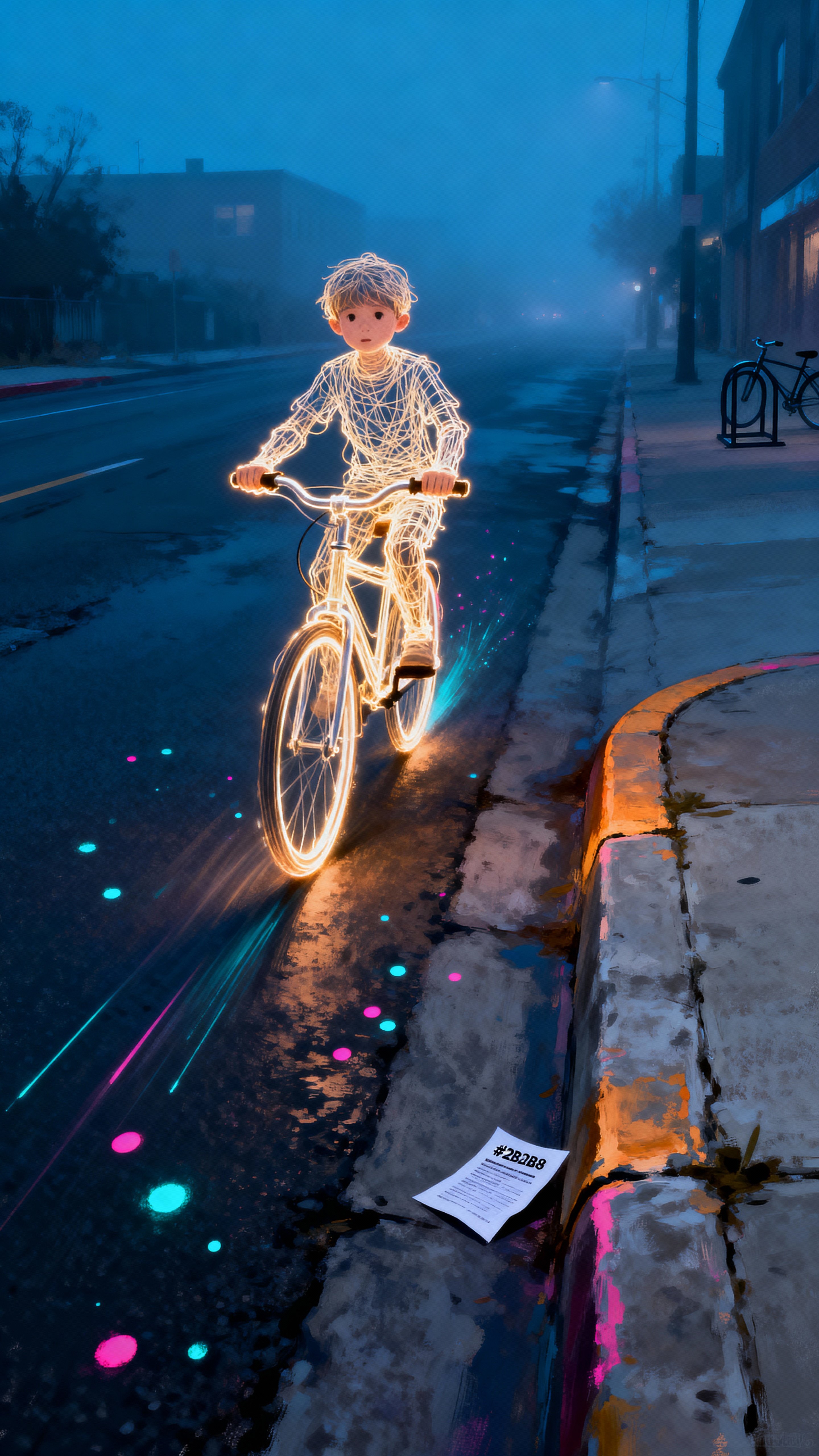 A child formed of thin glowing lines pedals a luminous bicycle down a deserted city street at night, conveying calm forward motion and a vertical 9:16 portrait that emphasizes upward negative space and wonder.