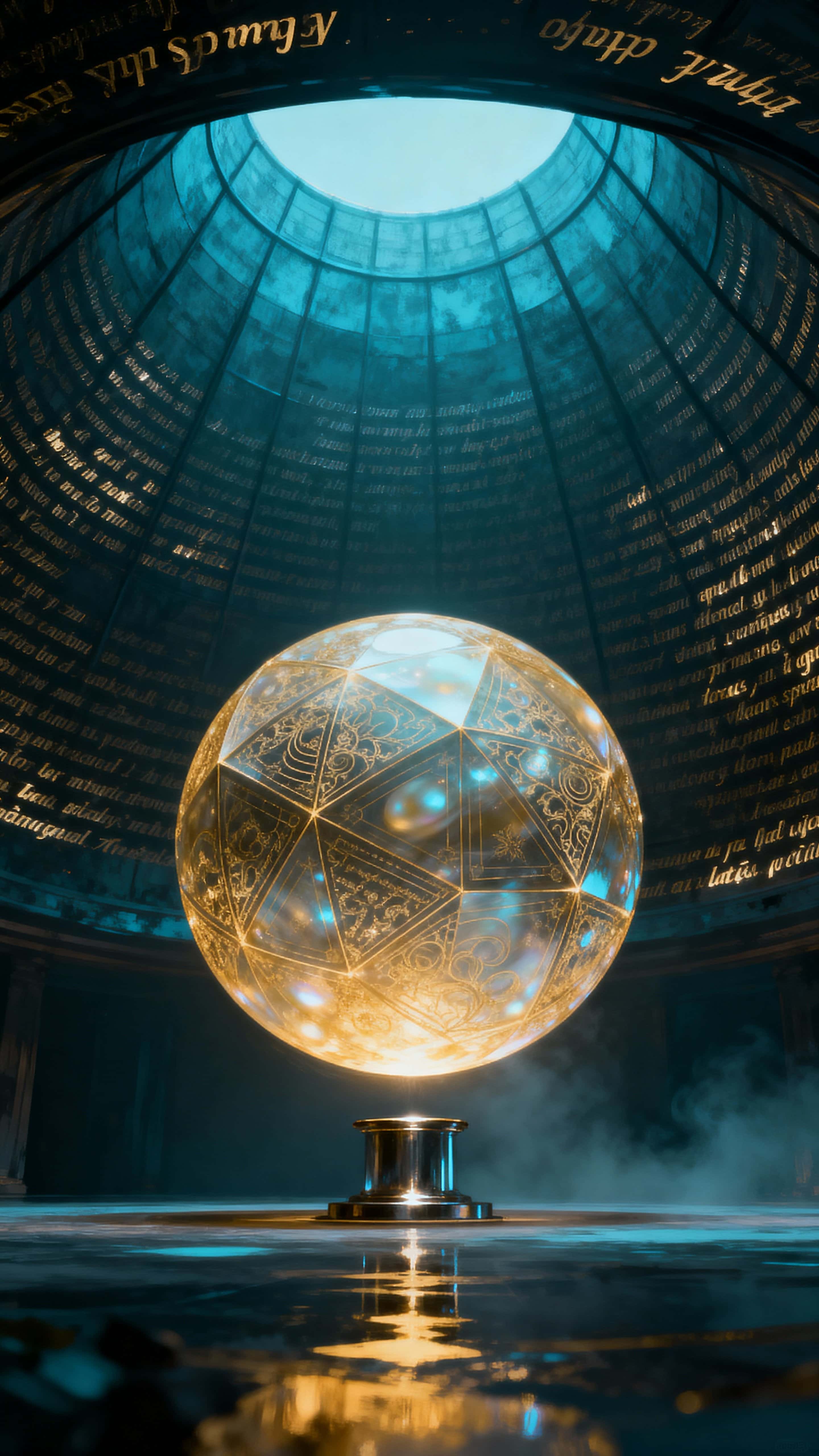 A luminous orb made of shimmering micro-texts floats at the center of a vast dark dome, rotating slowly like a planet of information and casting patterned light across the interior surface.