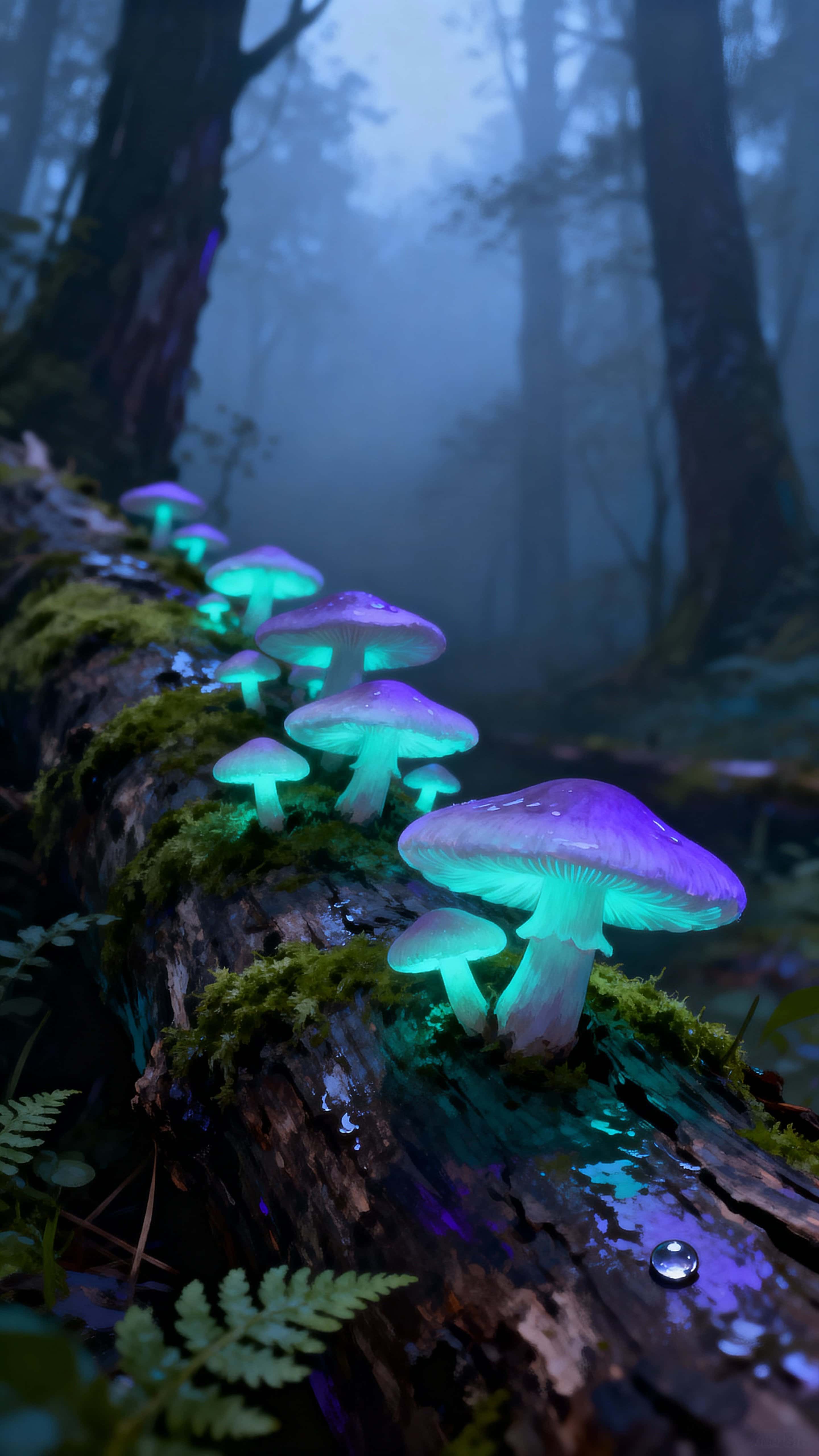 Vertical close study of bioluminescent mushrooms clustered on damp logs in a misty forest, with soft luminous caps and cool atmospheric haze framing a serene, otherworldly scene.
