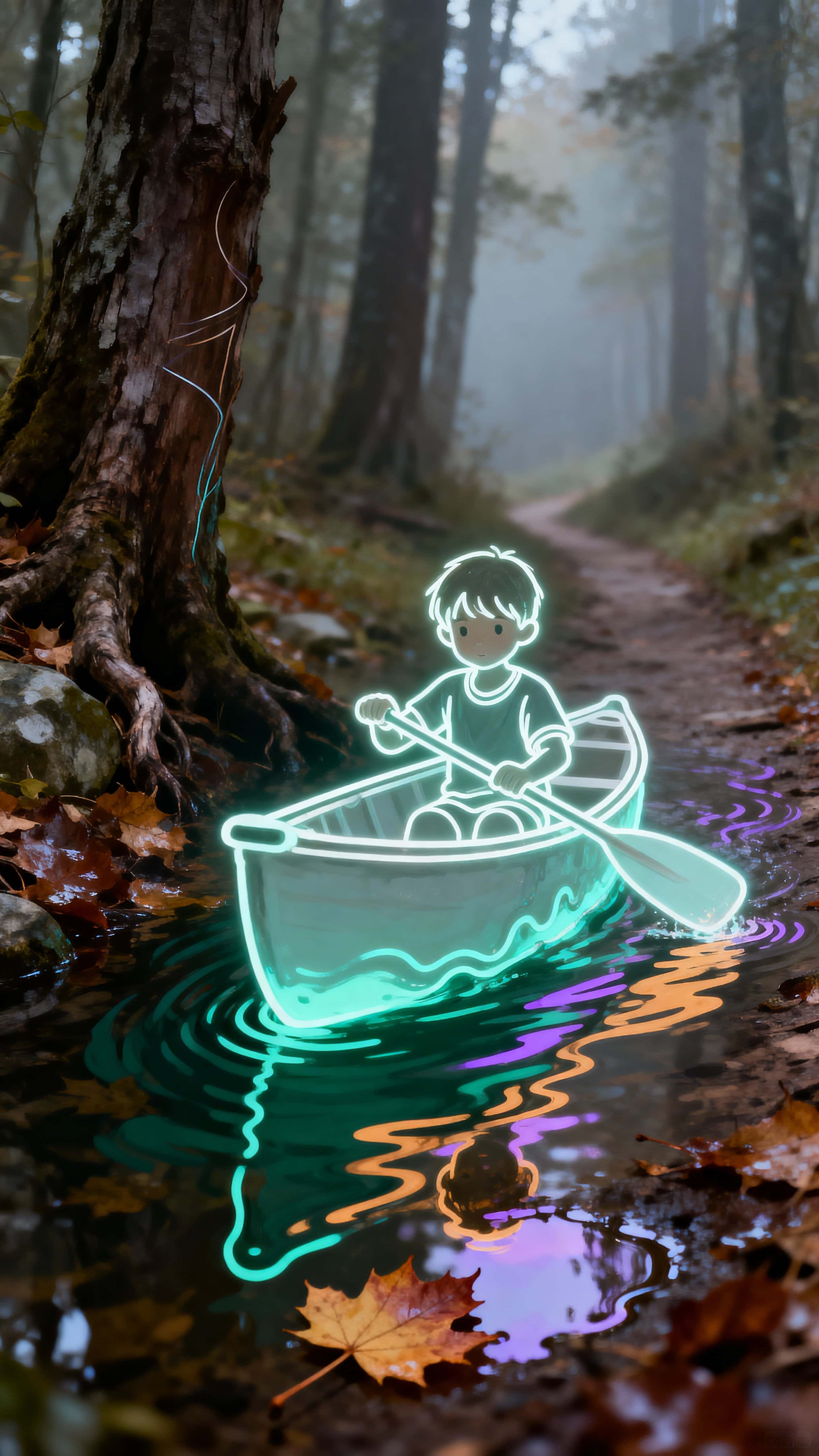 A glowing outline child paddles a doodle canoe of liquid light along a real forest trail, the luminescent craft weaving over leaf litter and roots while the scene feels tender and otherworldly.