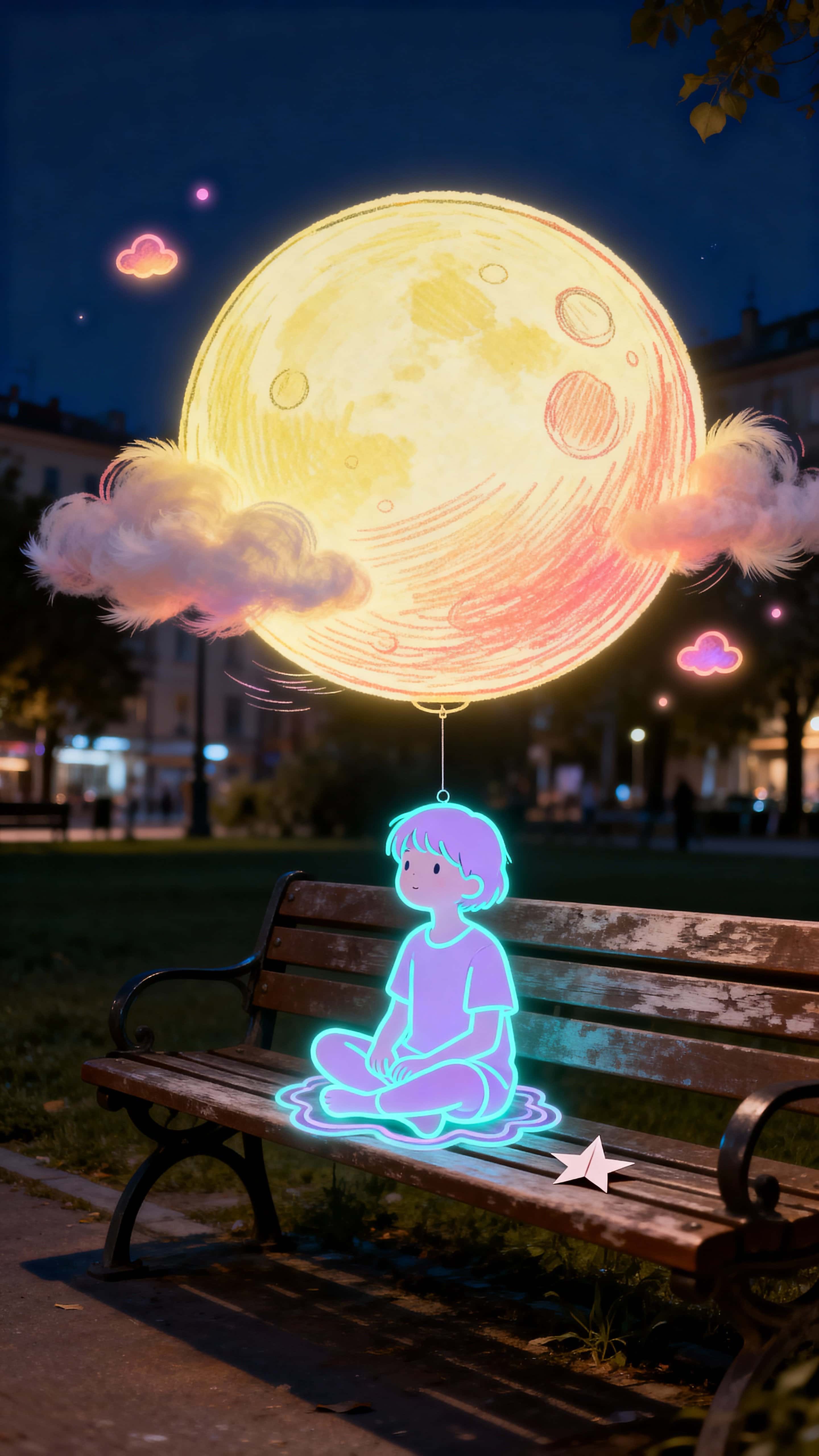 A glowing outline child sits on a hand-drawn glowing doodle moon suspended above a real wooden bench in a quiet park at night, with small glowing clouds drifting nearby and soft ambient light unifying the scene.