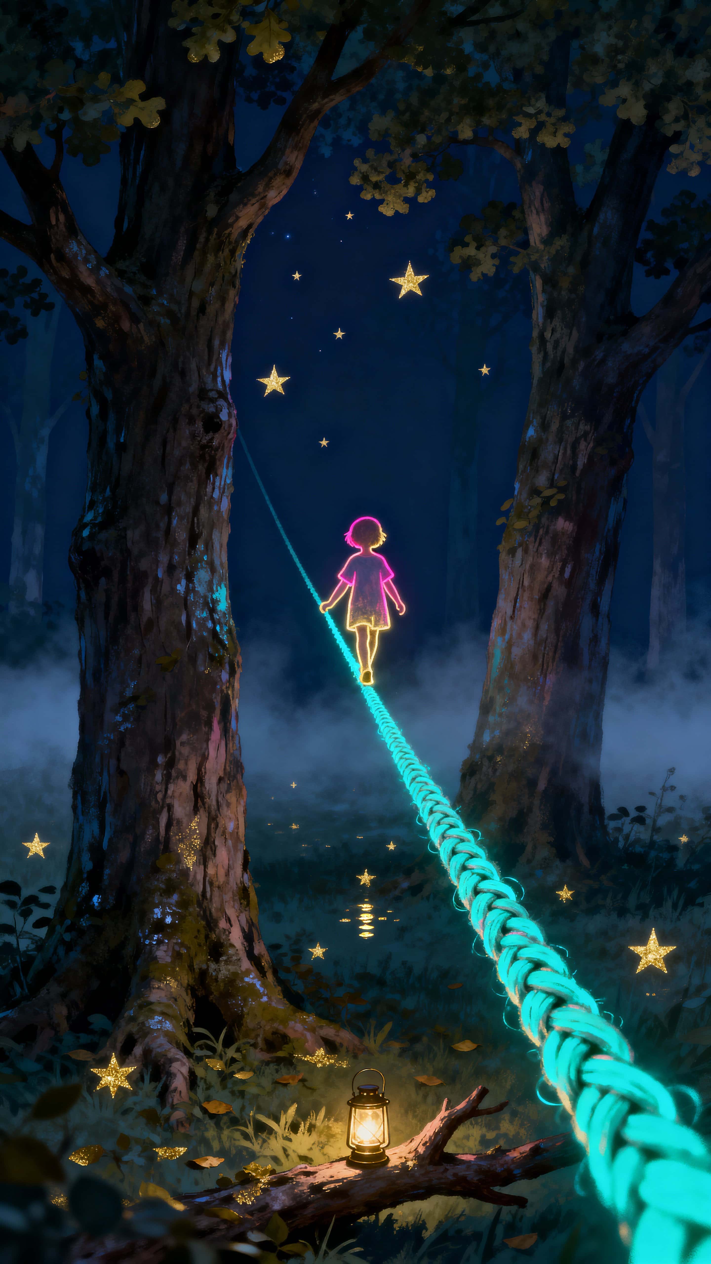 A glowing-outline child walks a luminous line strung between two real trees at night, with floating glowing stars below and a soft, mystical atmosphere of wonder and balance.