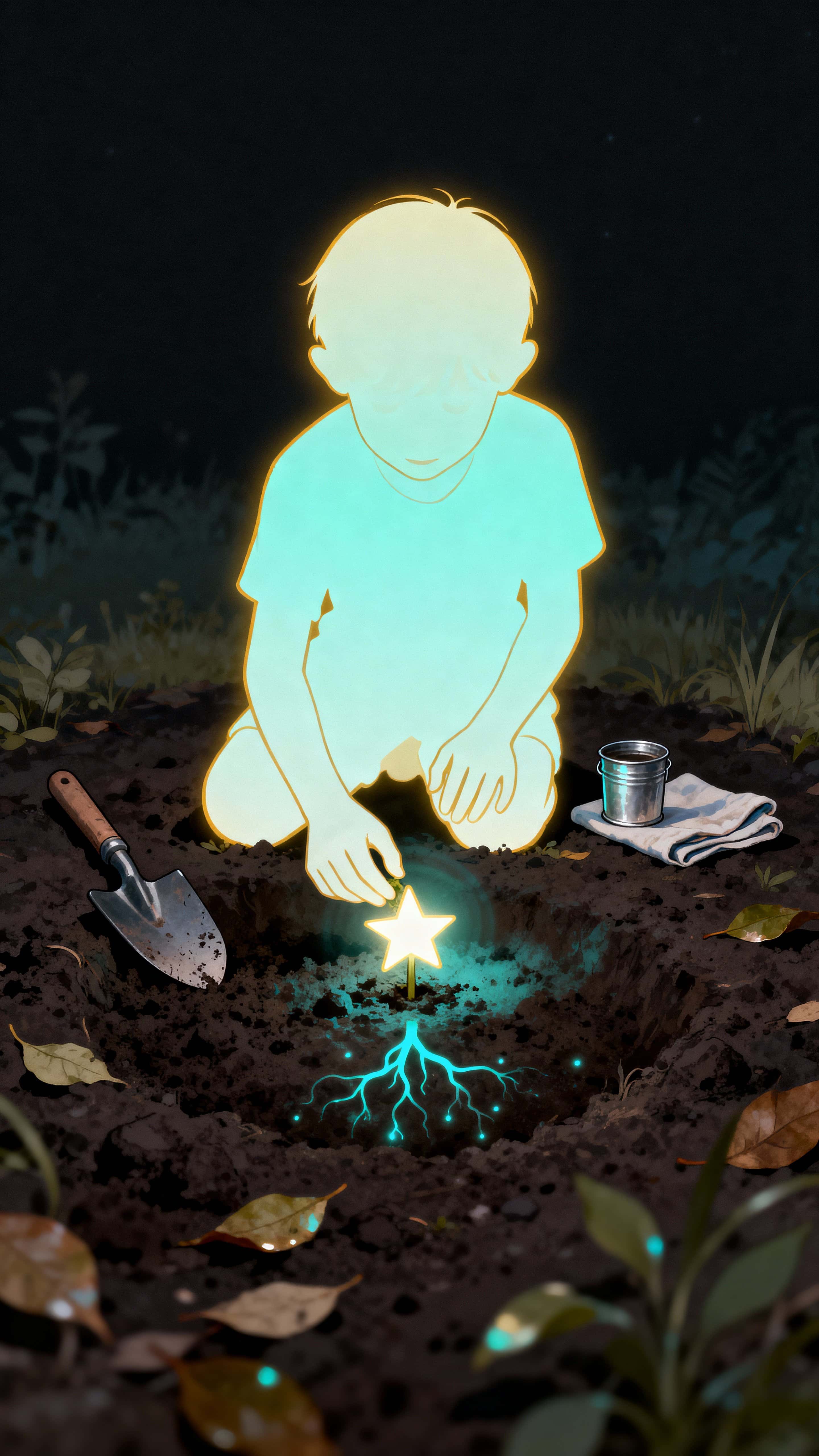 A glowing outline child kneels in dark earth to plant a tiny luminous star while delicate root-like lights thread beneath the soil, creating a quiet, hopeful nocturnal scene.