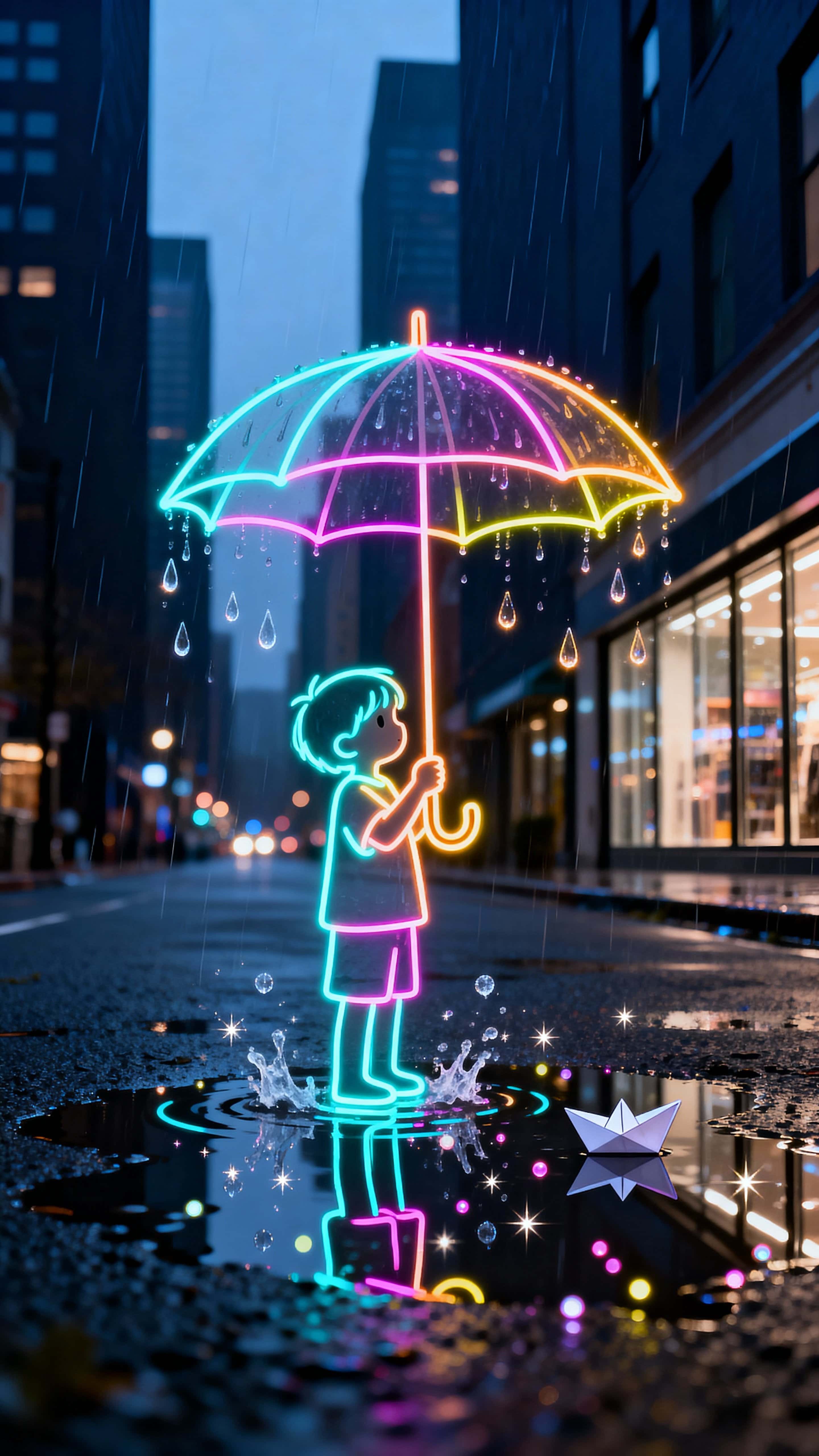 A glowing-outline child stands on a rainy urban street under a bright-lined umbrella as little luminous raindrops bounce and scatter around puddles, framed vertically for a 9:16 portrait crop with a moody neon glow.